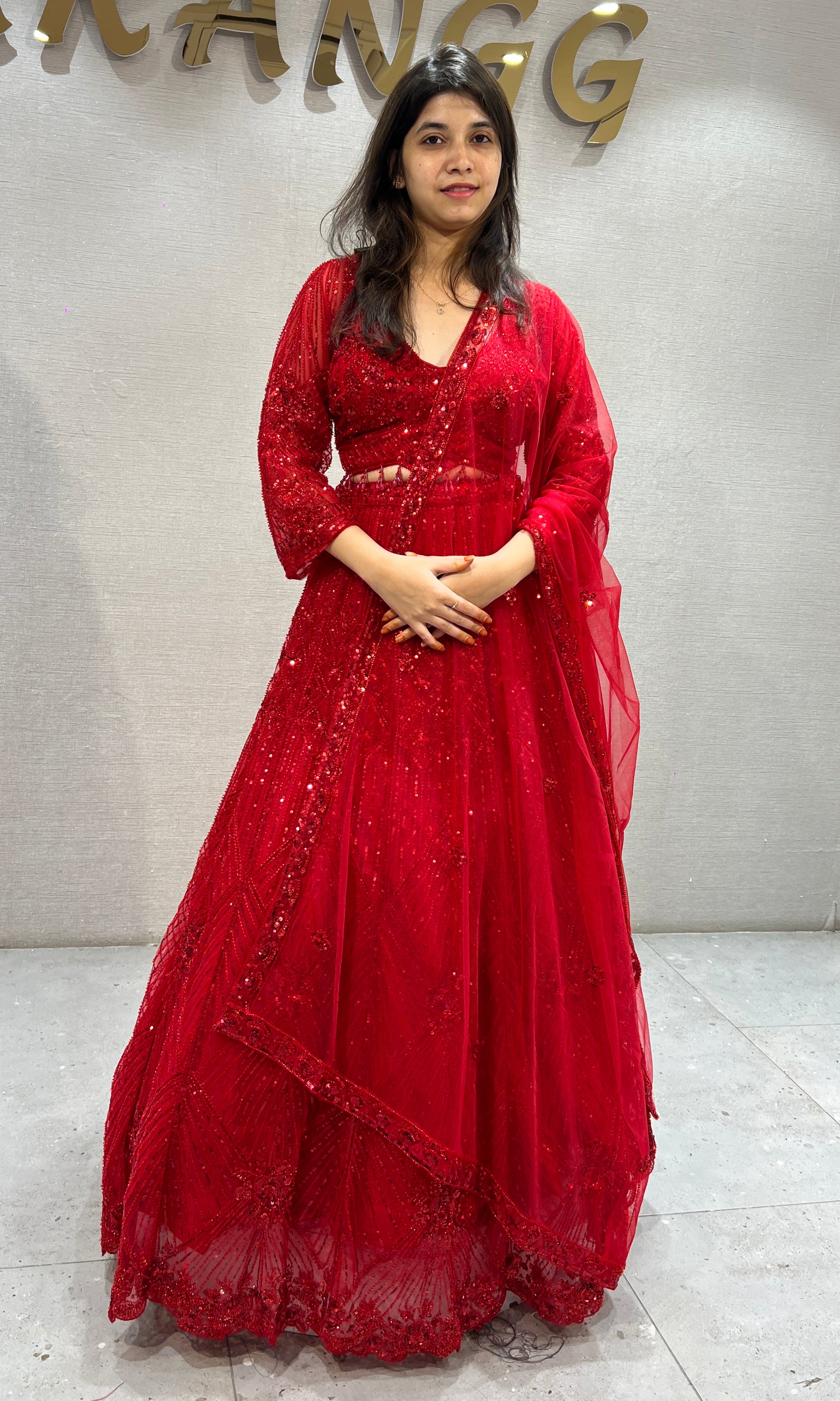 Red Embellished Lehenga set with Sheer Dupatta