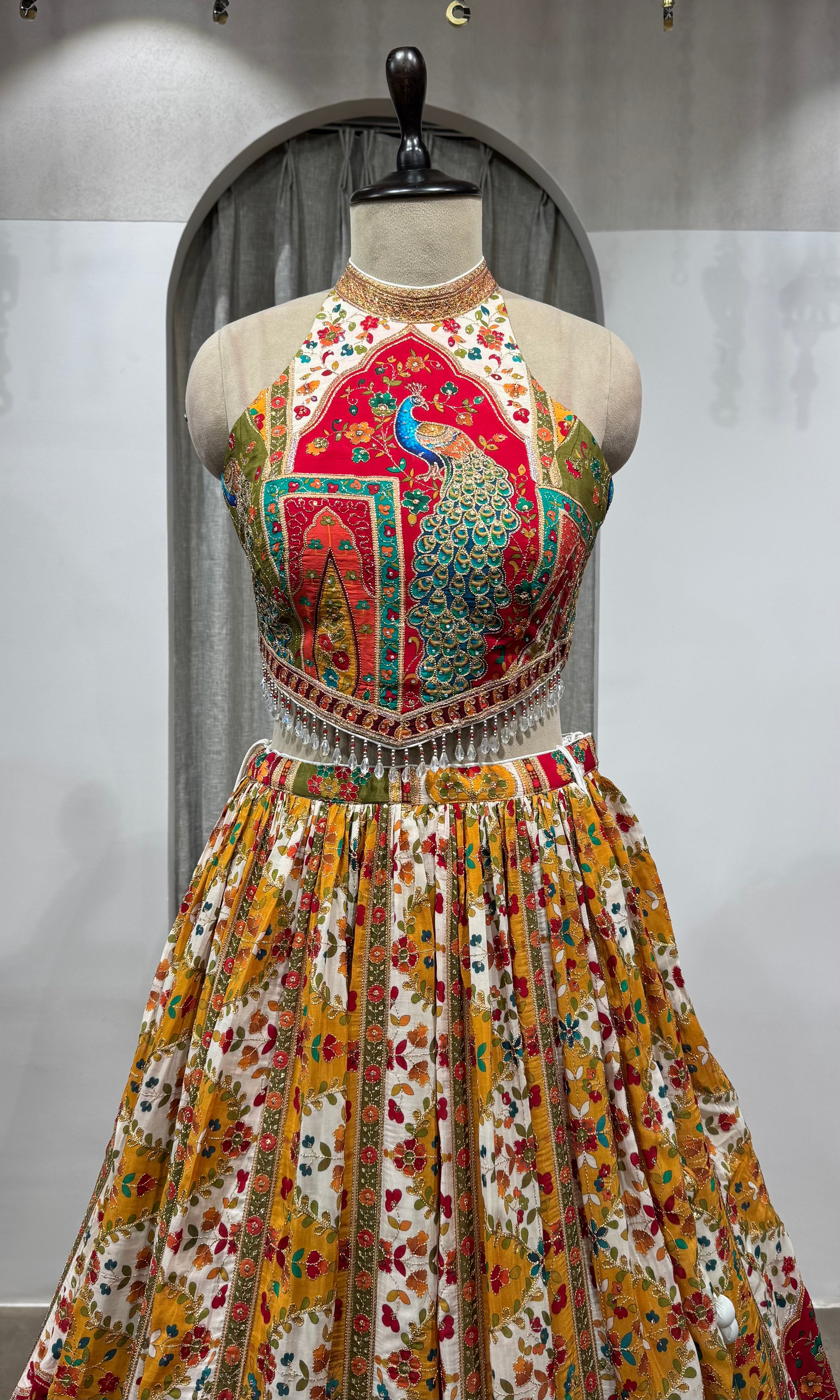 Multicolor Printed halter neck embroidered lehenga