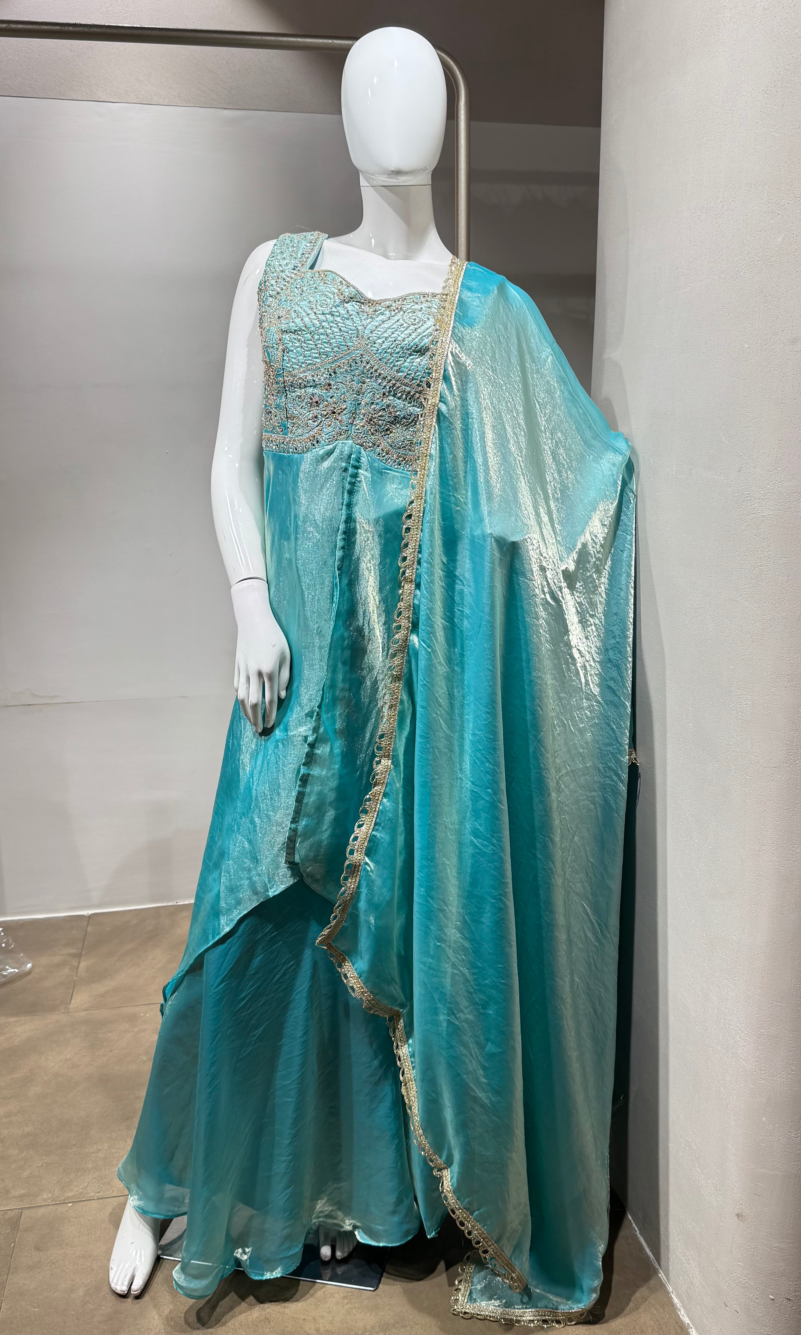 Sea Blue Shimmer Tissue Palazzo Set
