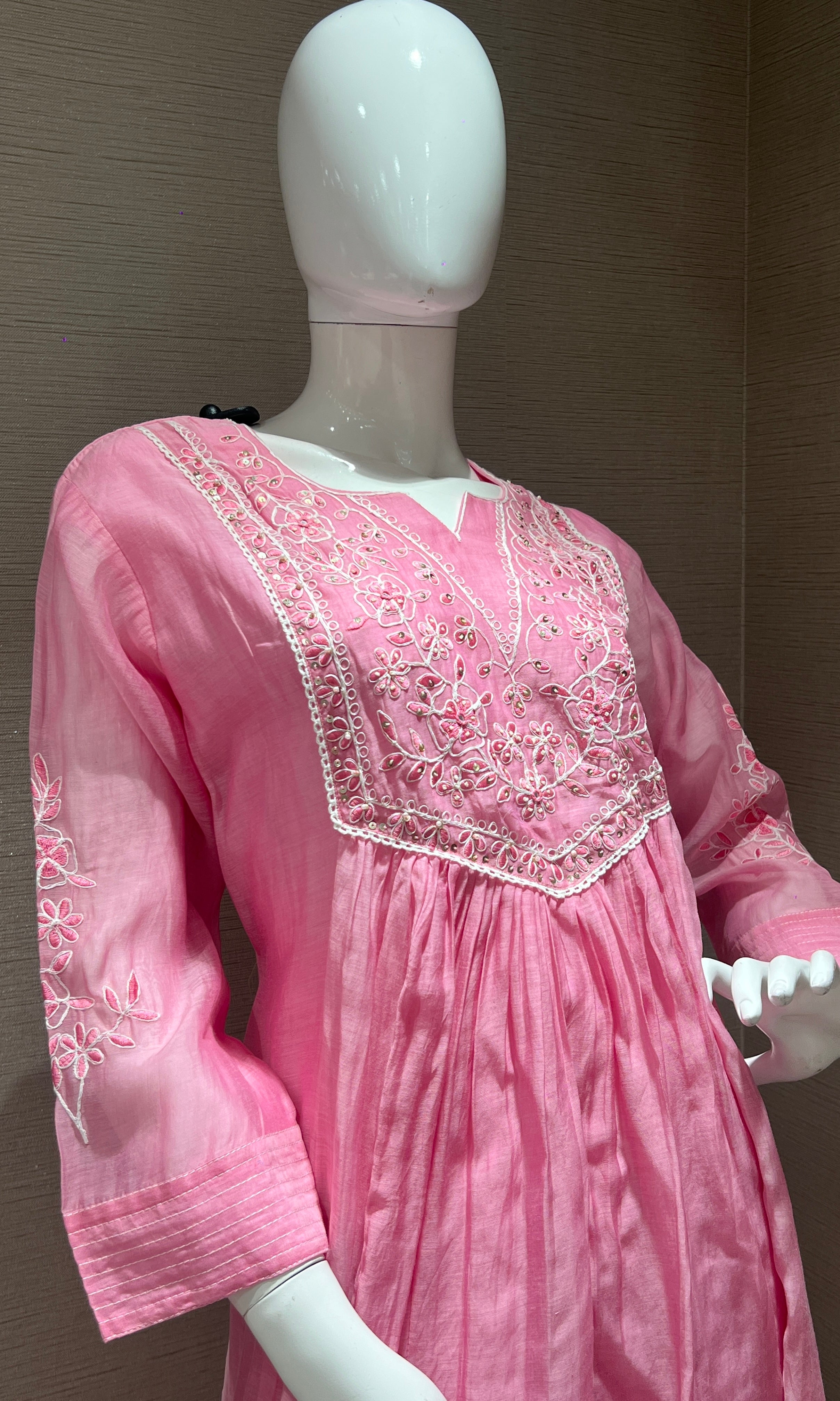Baby pink mul Chanderi anarkali kurta set