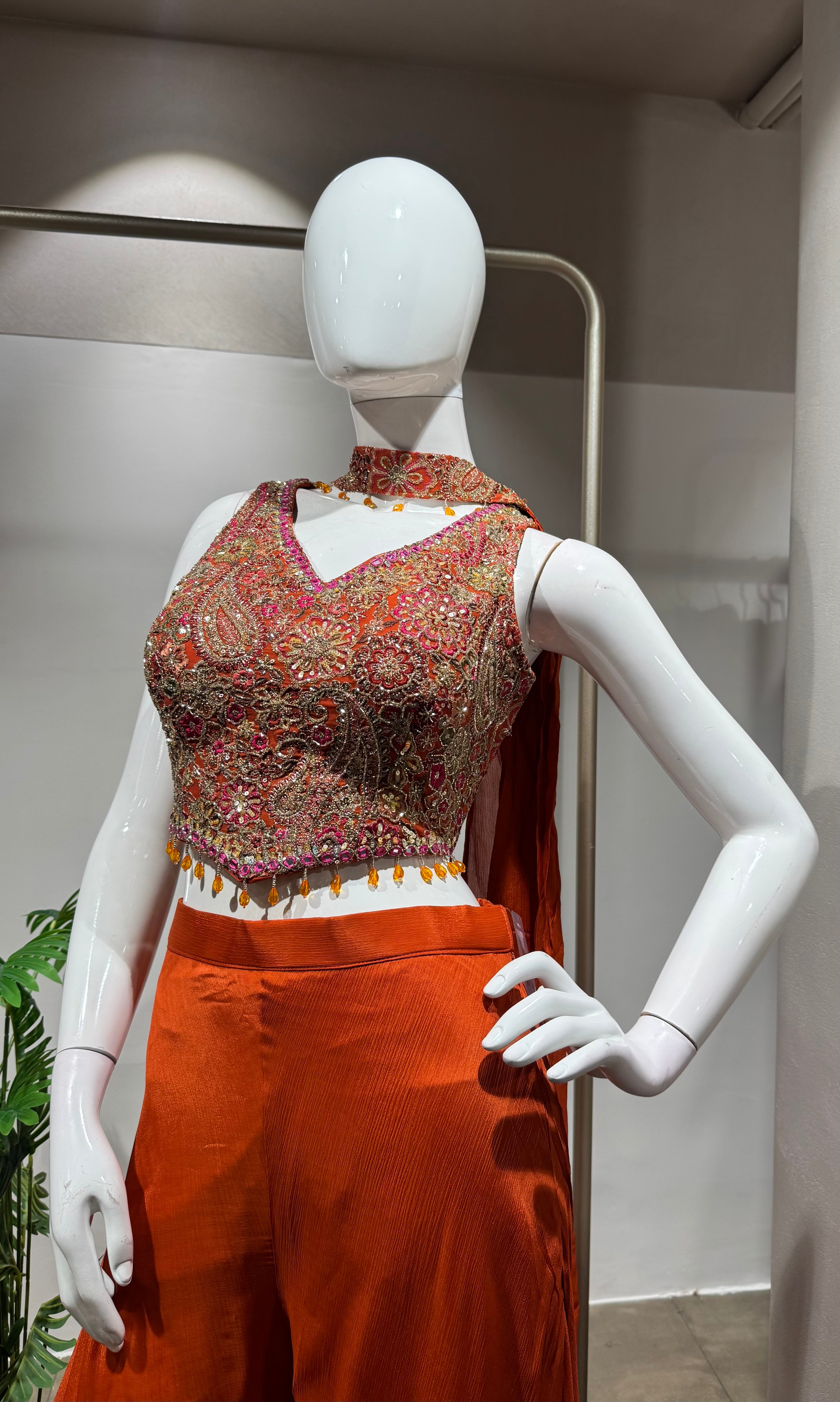Rust Orange Embroidered Palazzo Set