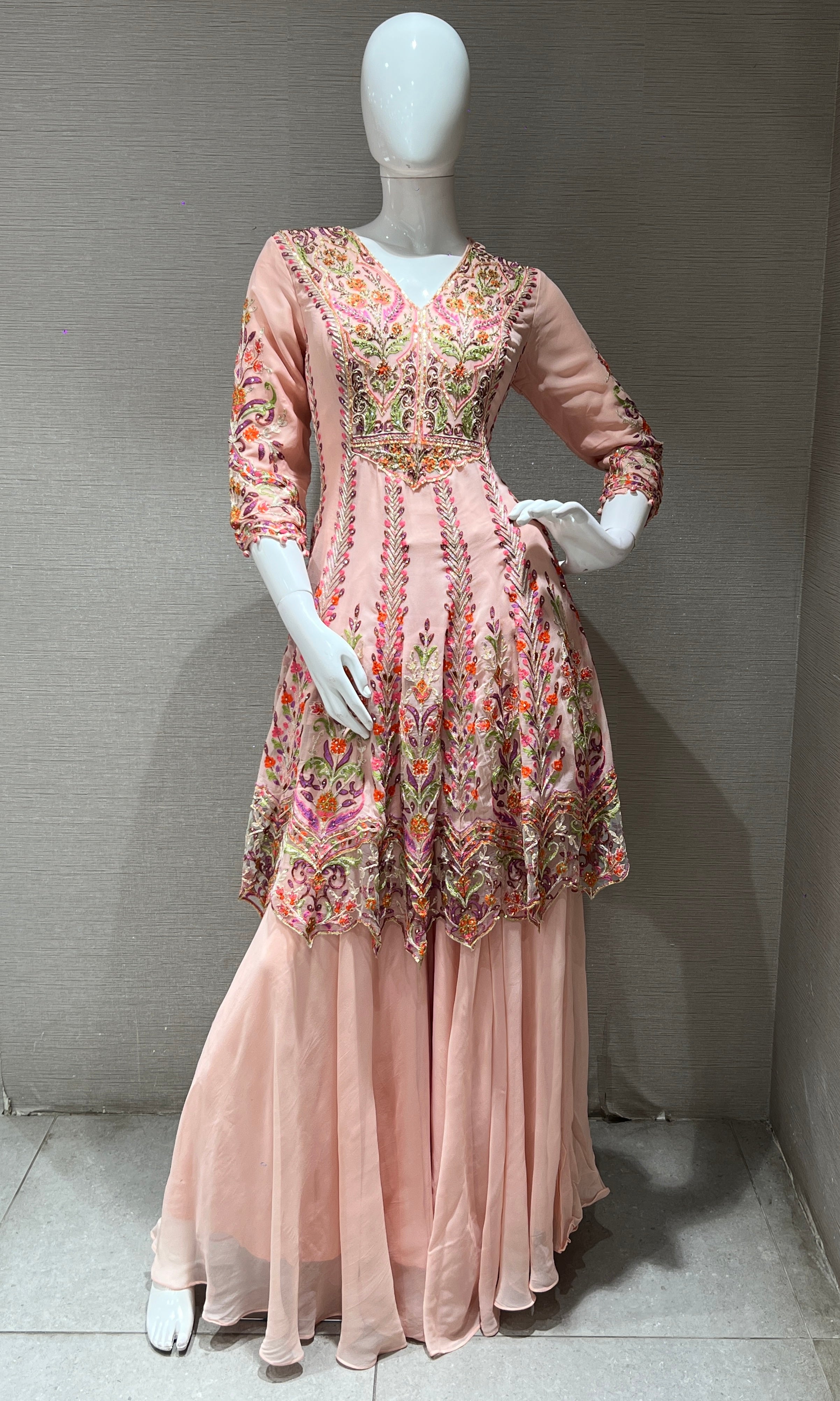 Peachy pink floral Embroidery peplum palazzo set