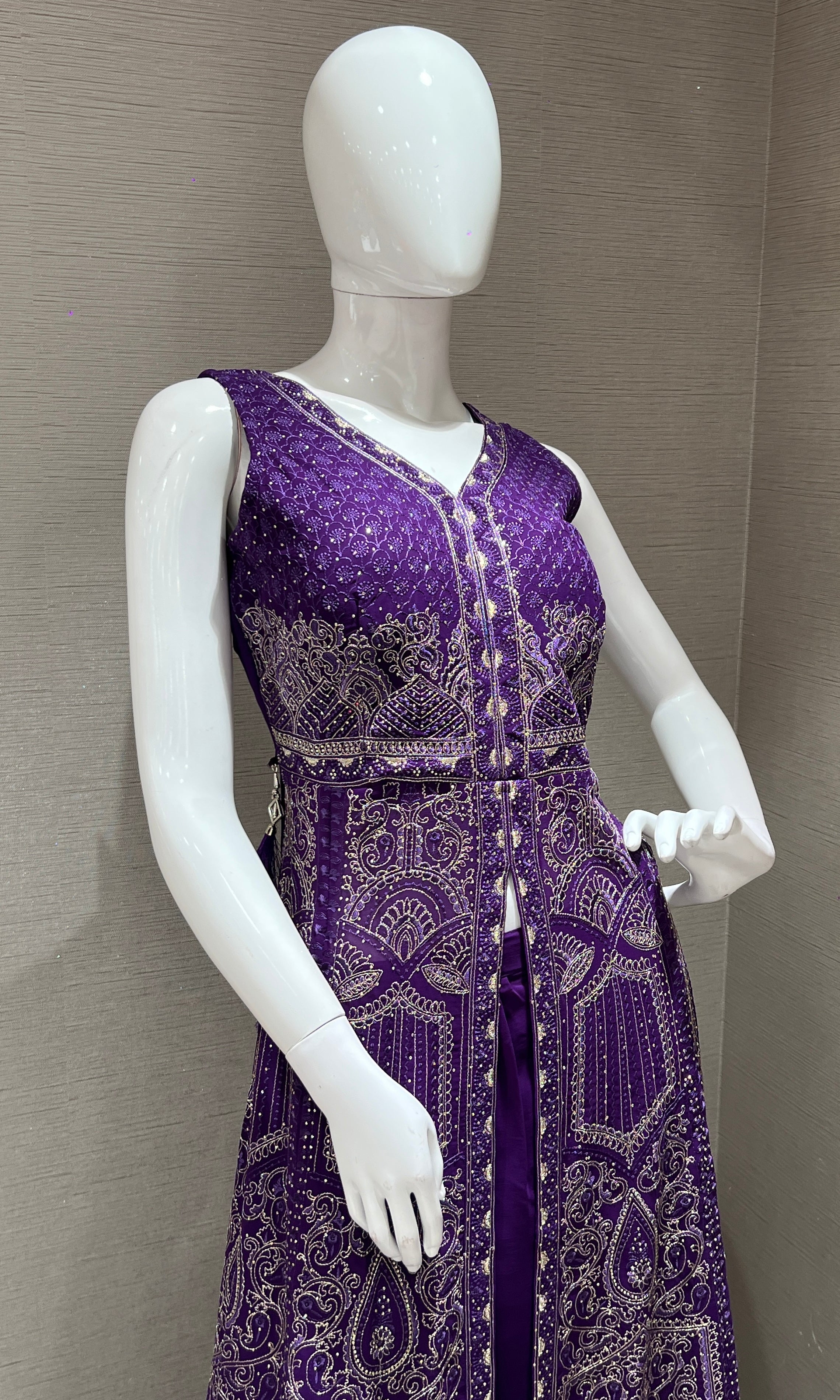 Purple front slit Anarkali with palazzo pants