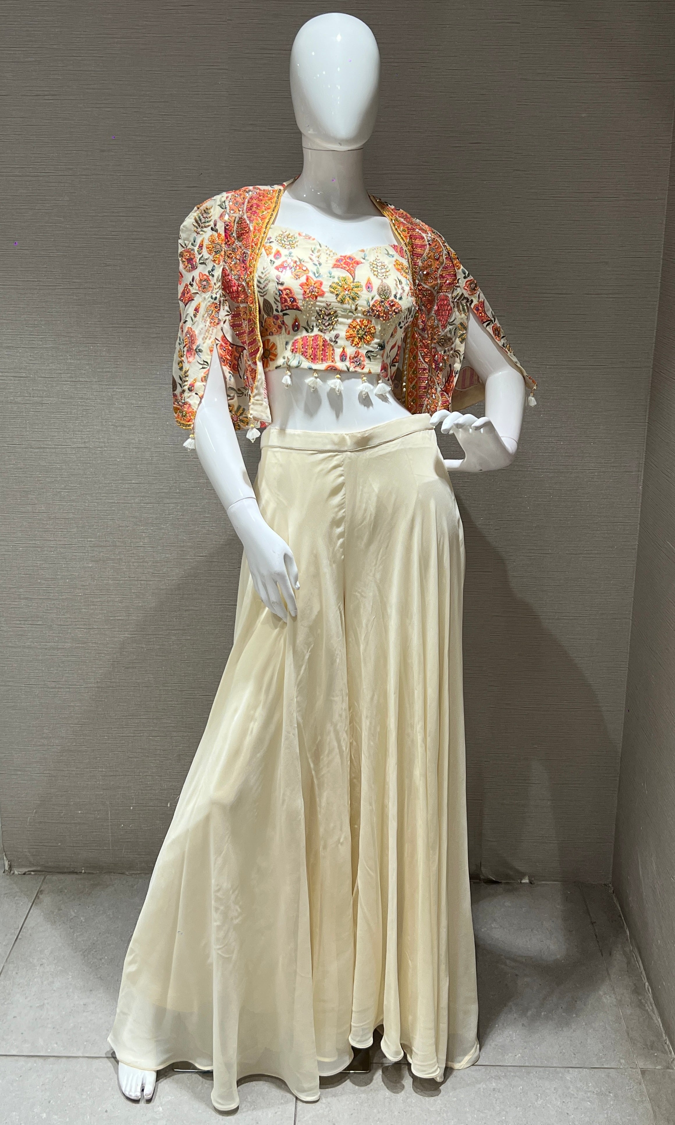 Ivory Floral Crop Top with Jacket and Palazzo