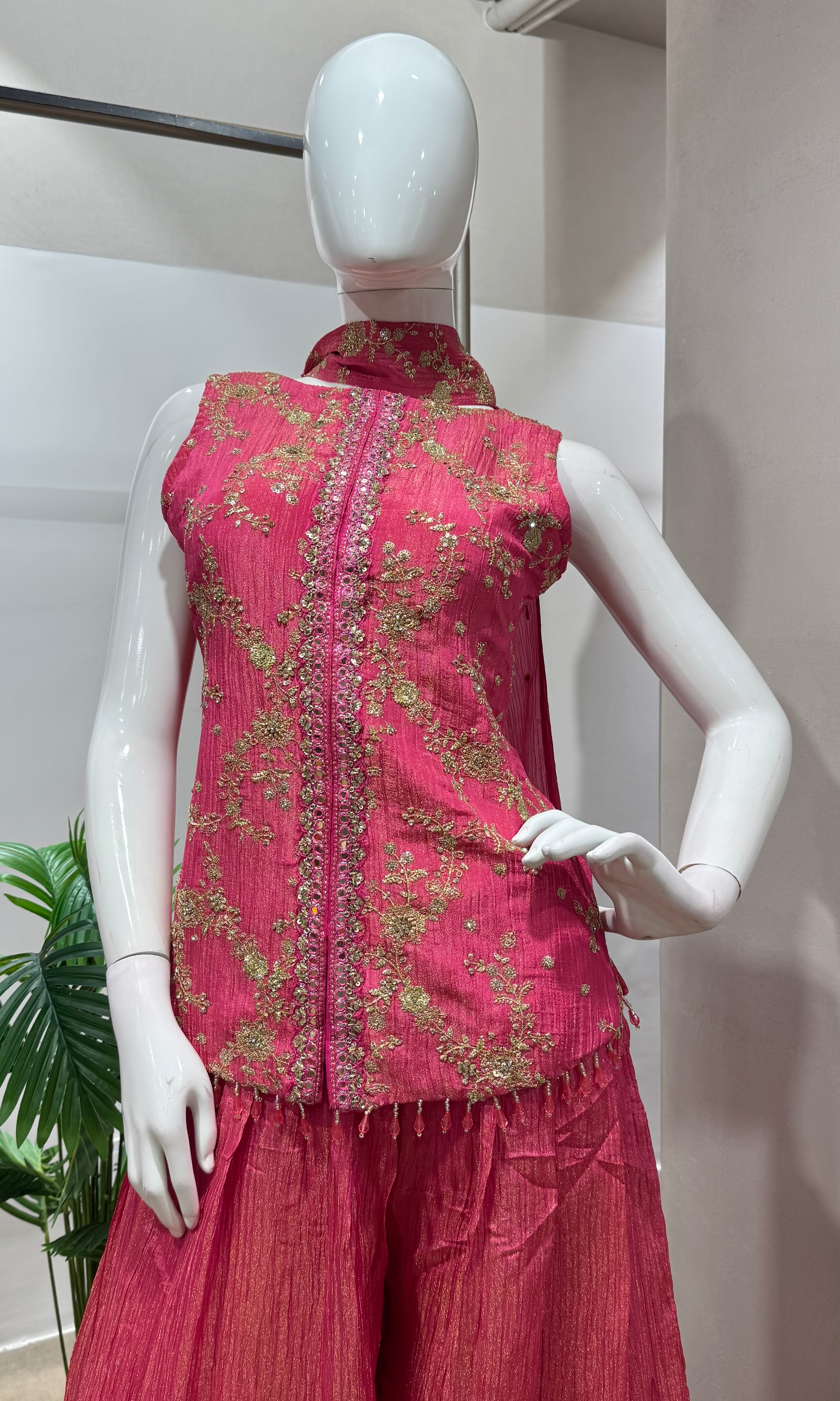 Pink embroidered peplum palazzo set