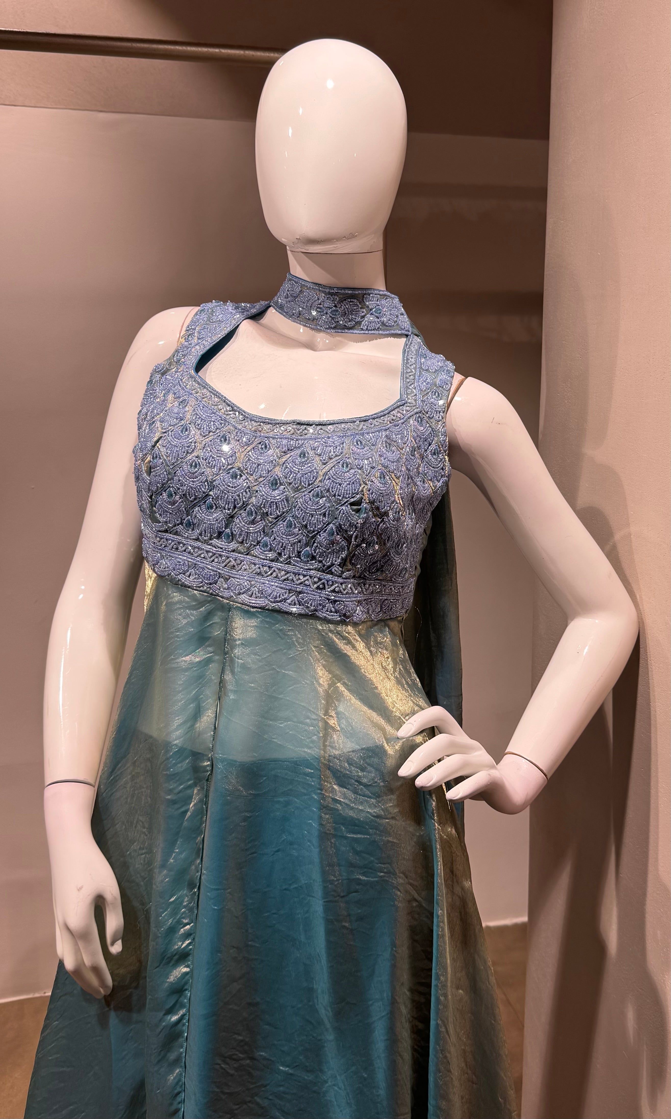 Sea Blue A-Line Shimmer Tissue Palazzo Set