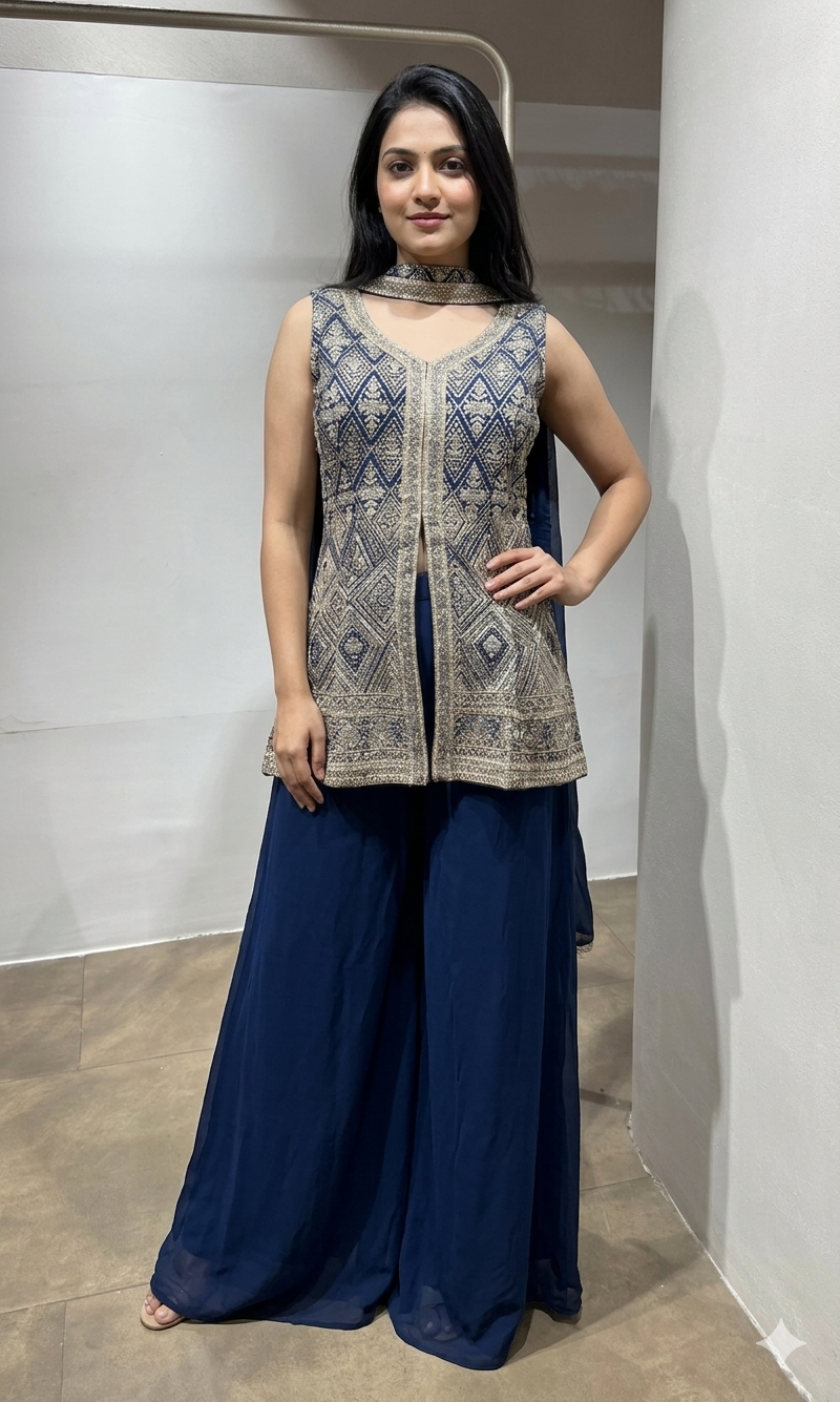 Blue Embellished Peplum Palazzo Set