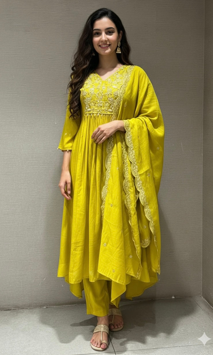 Light yellow MUL CHANDERI KURTA SET
