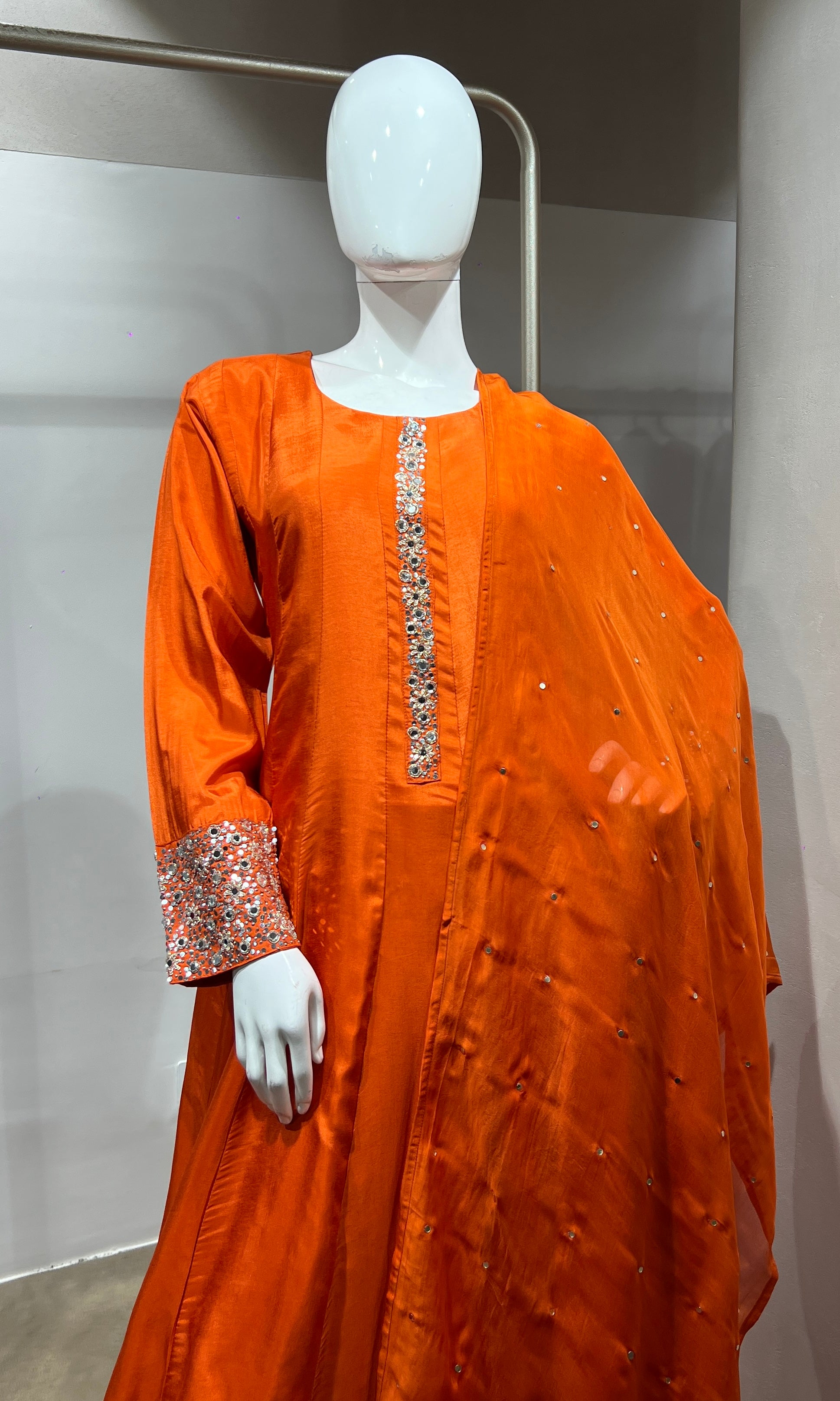 Orange Straight Kurta Set with Mirror Embroidery