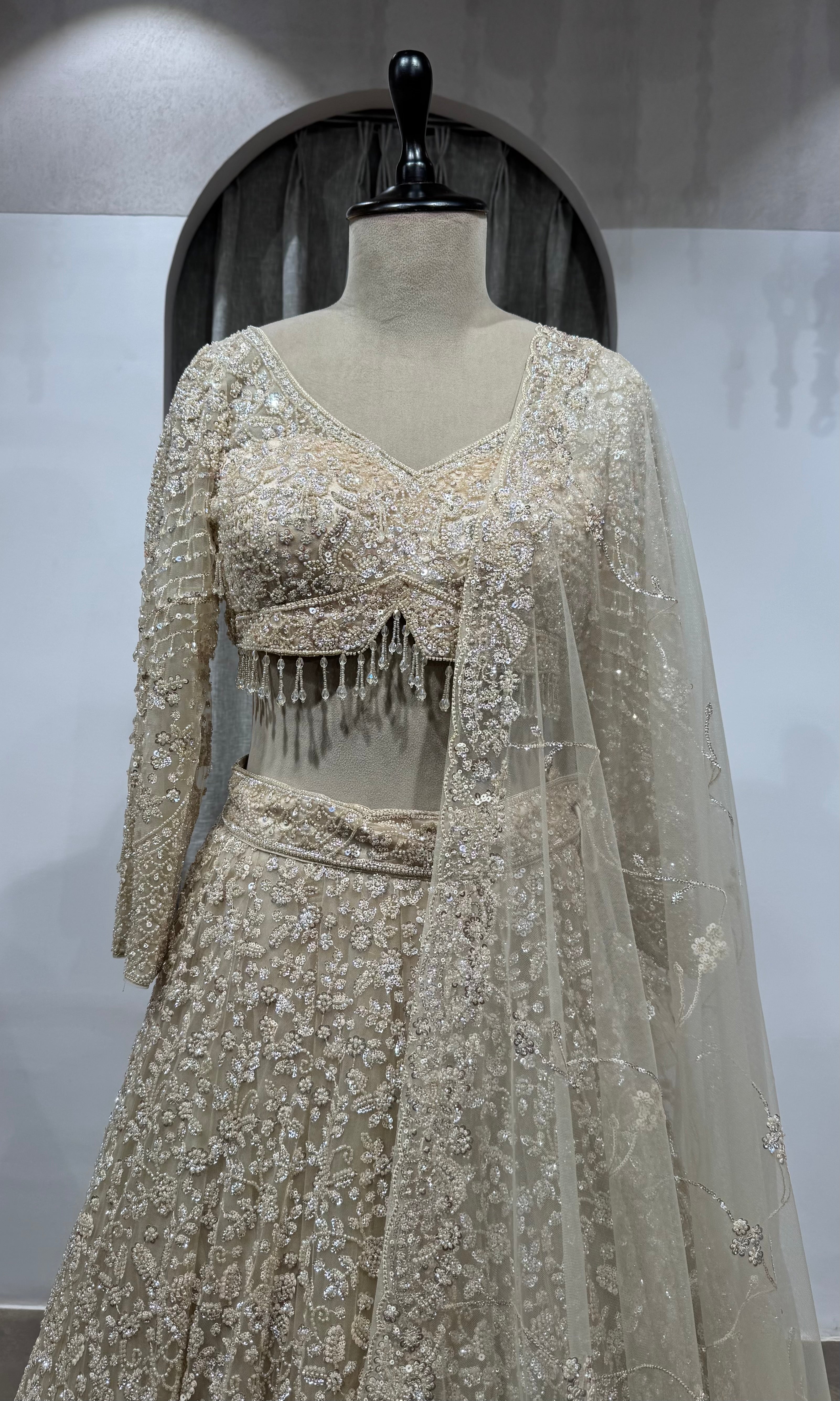 Ivory Net Sequin Embroidered Lehenga Set