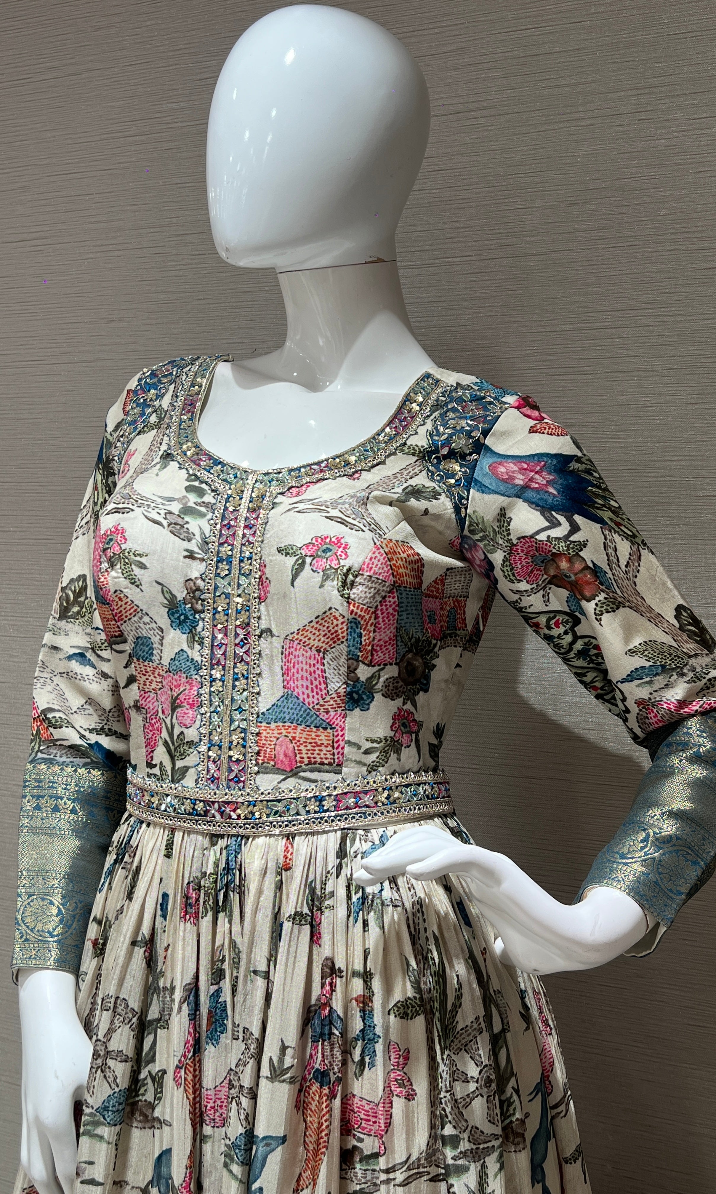 Cream long floral print Anarkali