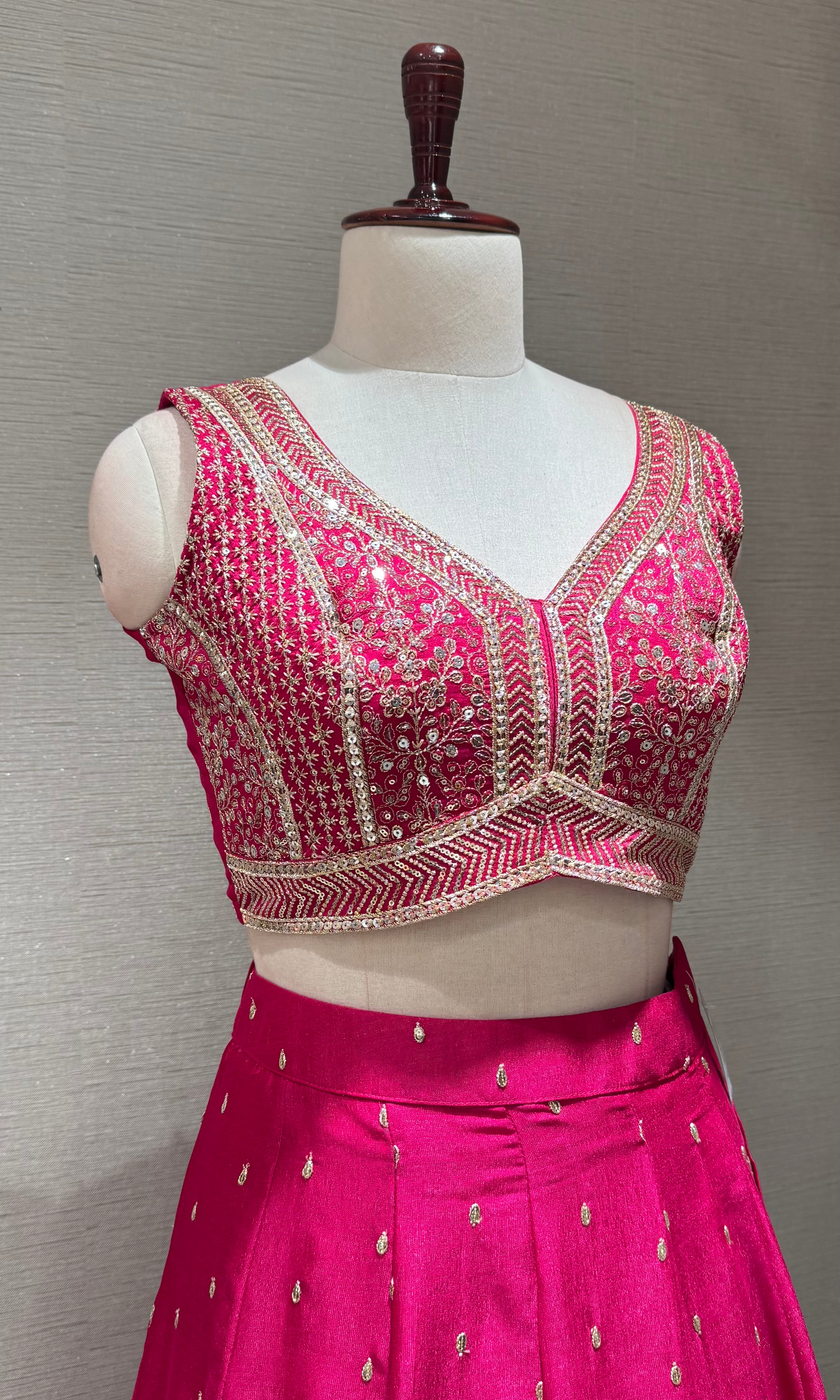 Bright Pink Silk Lehenga set with Gold Border
