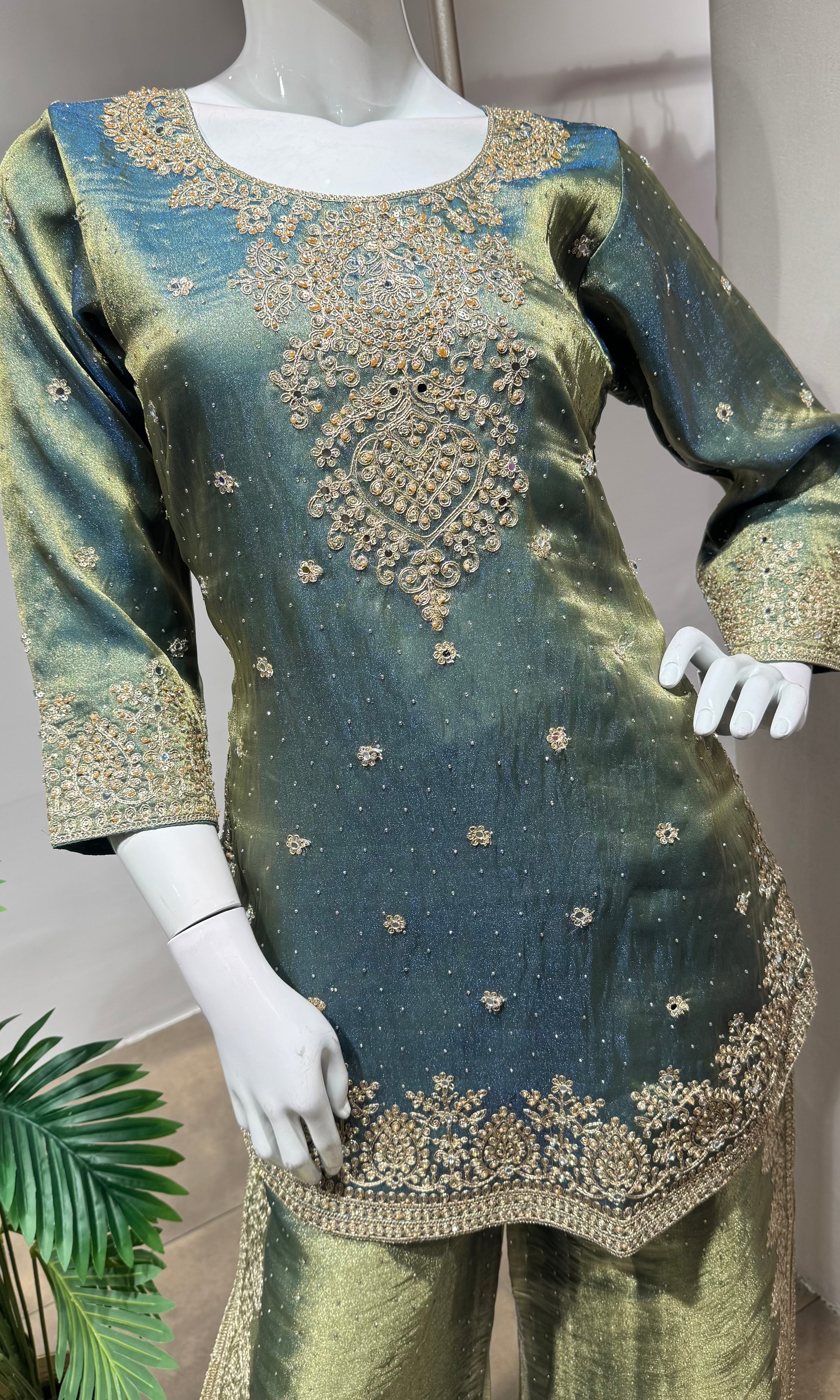 Light green shimmer tissue palazzo set