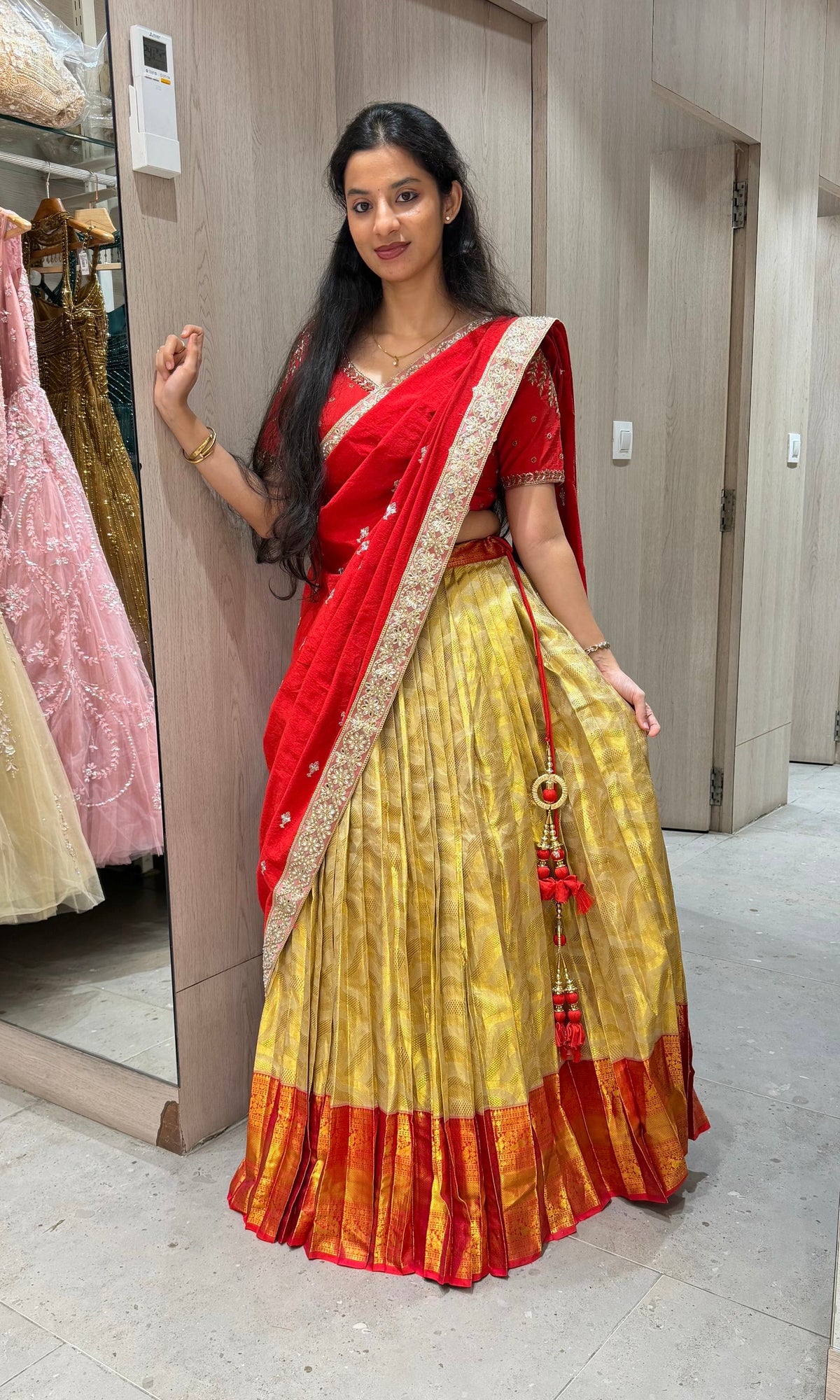 Red and gold banarasi pattu lehenga set