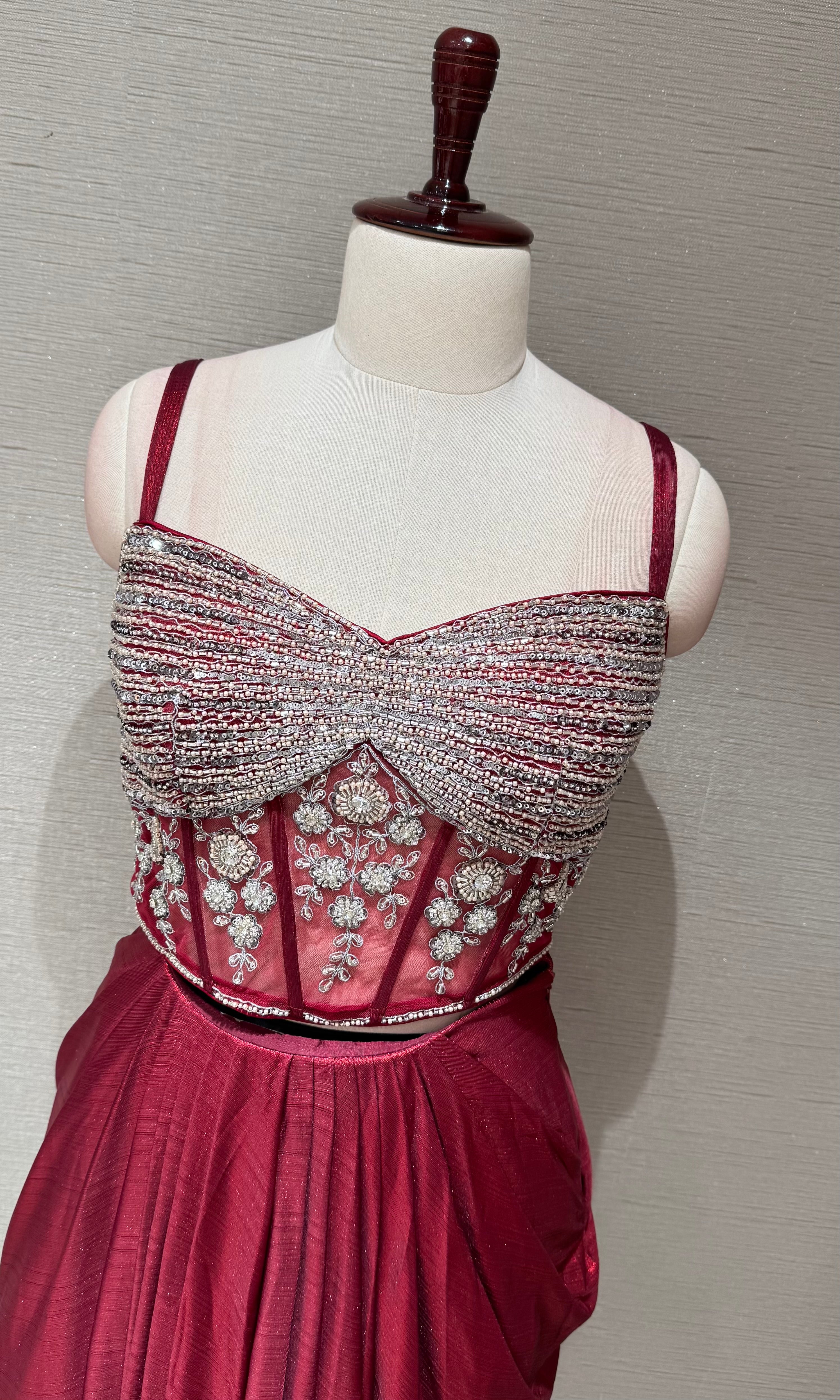 Maroon Deep Embroidered Cape Skirt