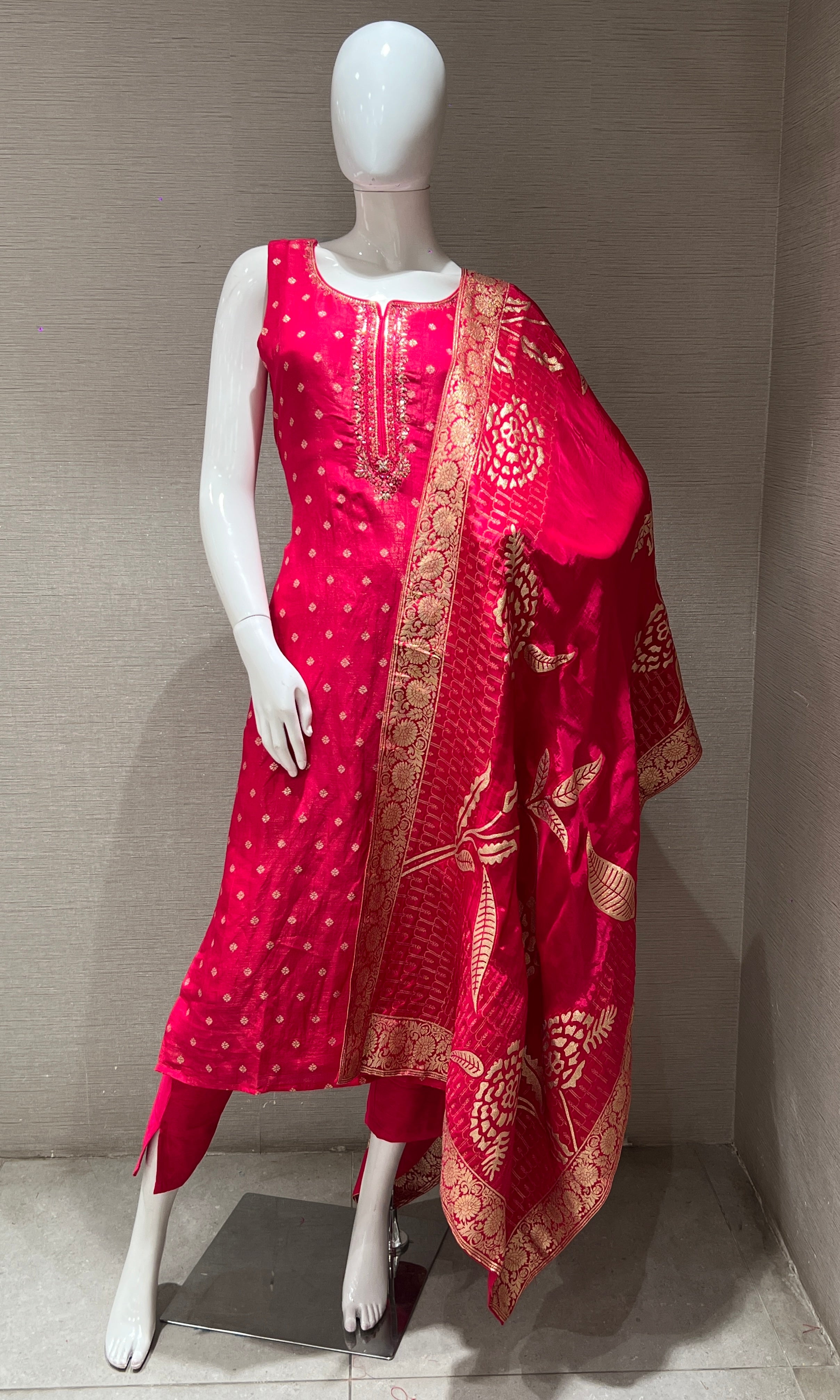 Rani Pink shimmer silk embroidered kurta set