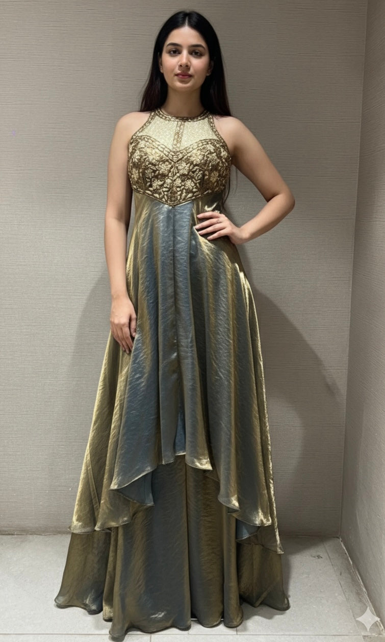 GREEN HALTER NECK EMBROIDERED ANARKALI