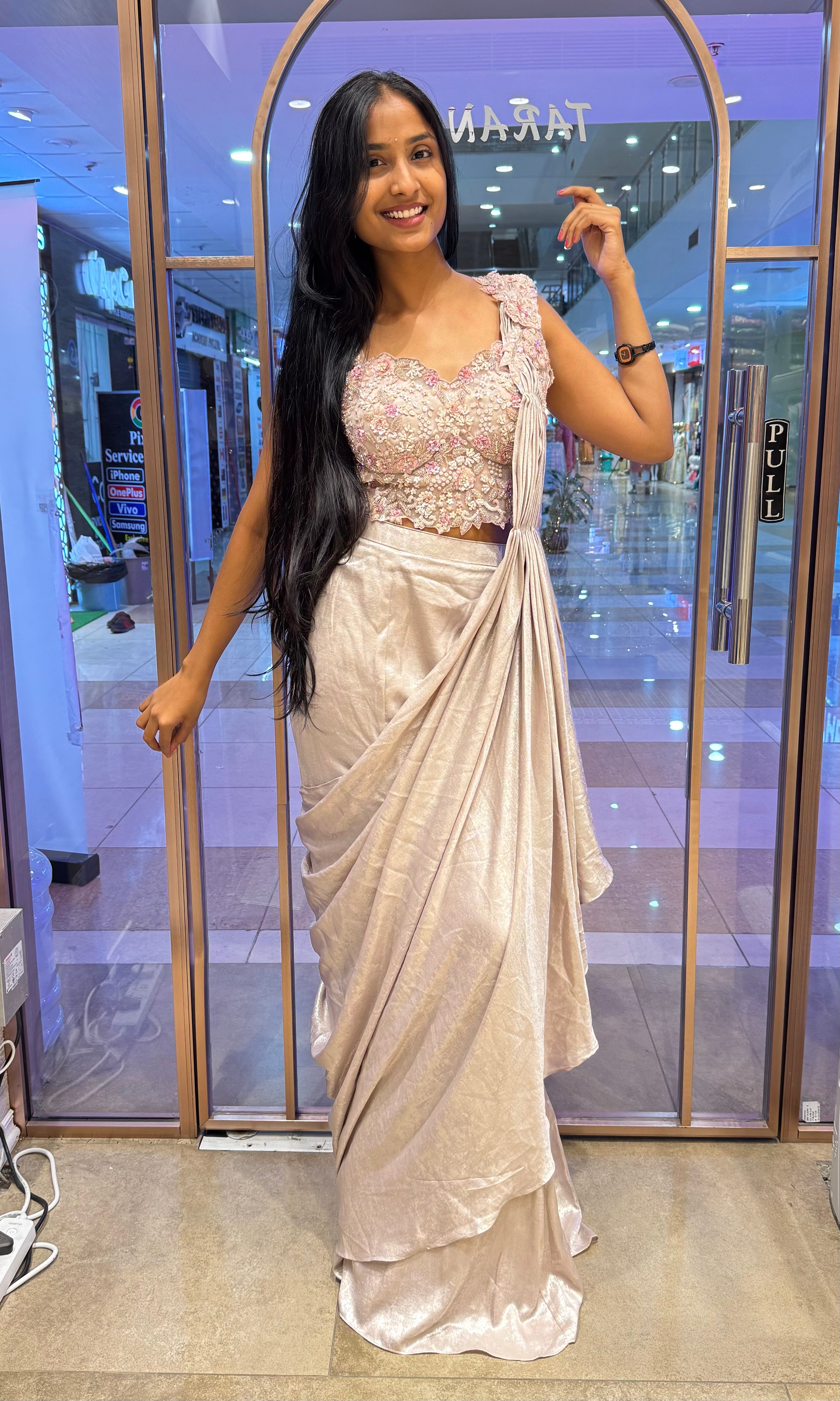 PINK AND BEAGH EMBELLISHED DRAPE SAREE