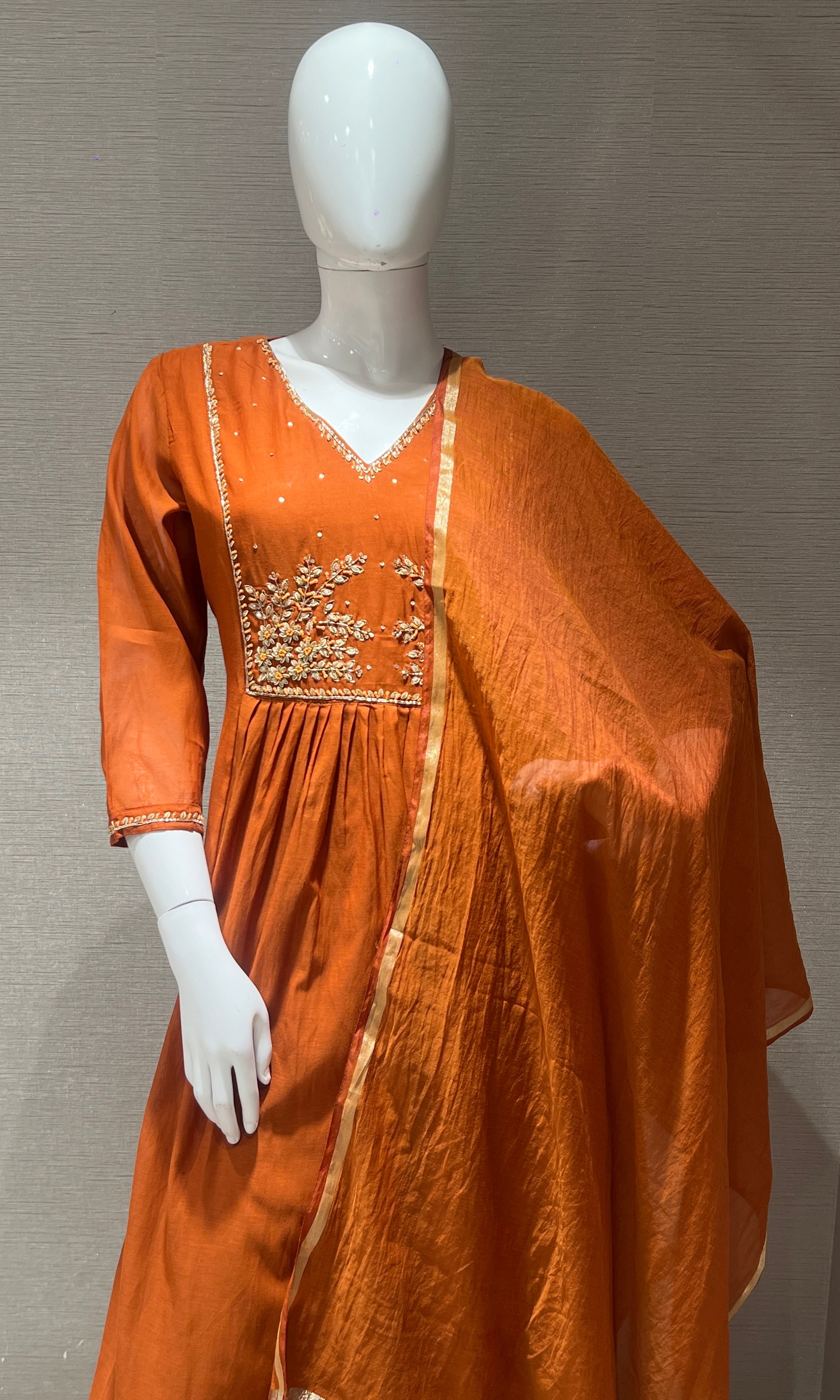 Rust orange Mul Chanderi kurta set