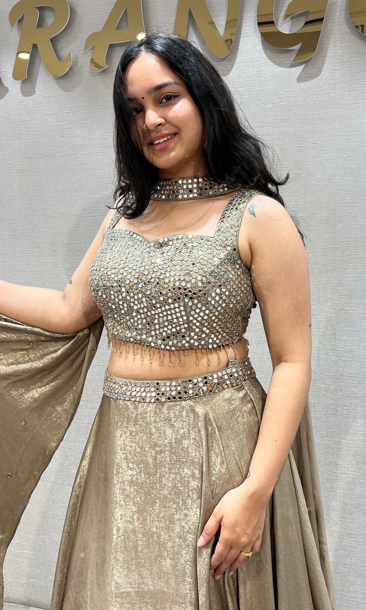 champagne Shimmering Metallic Gold Lehenga Set