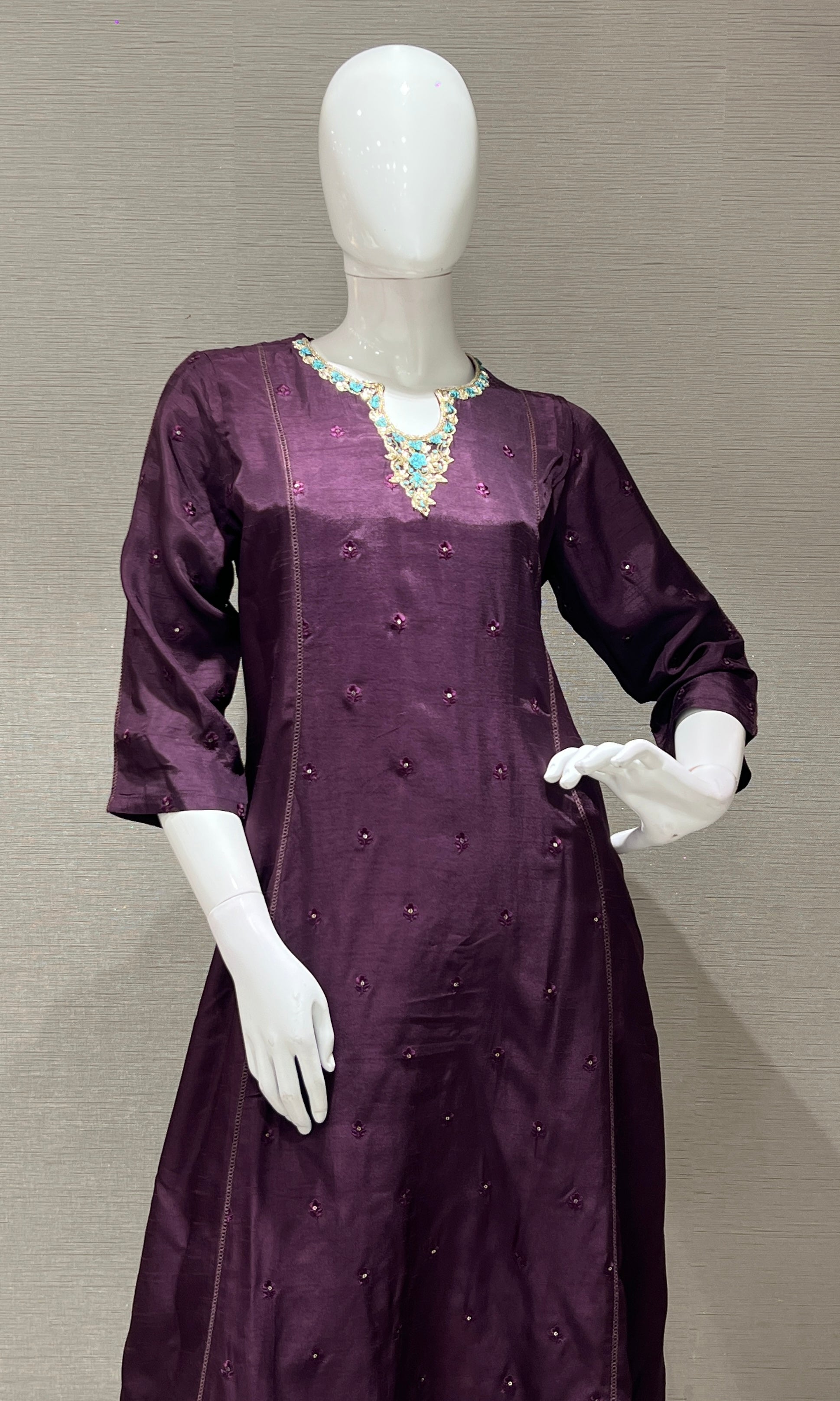 wine kurta set with floral printed dupatta