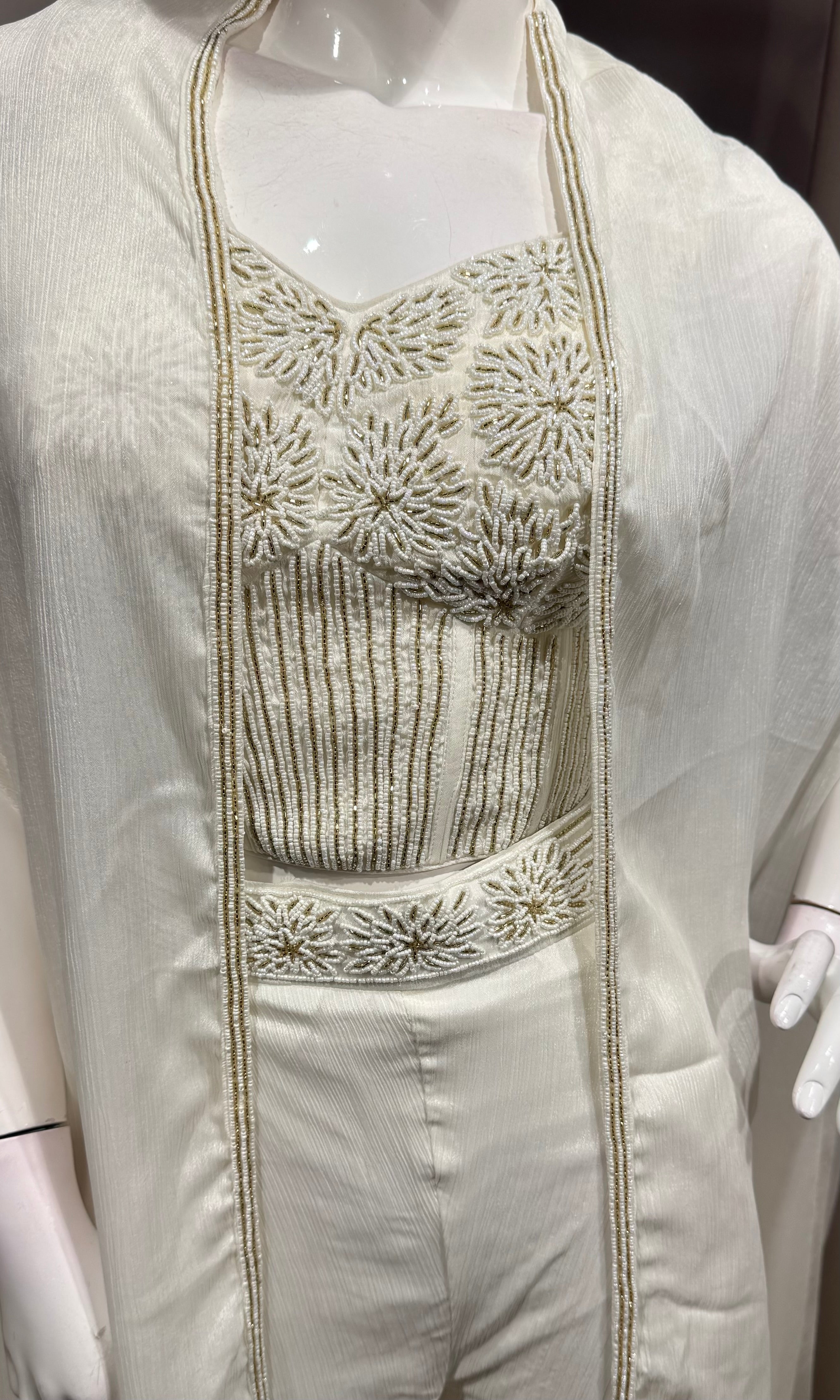 White Palazzo Set with Embroidered Crop Top and Cape Jacket