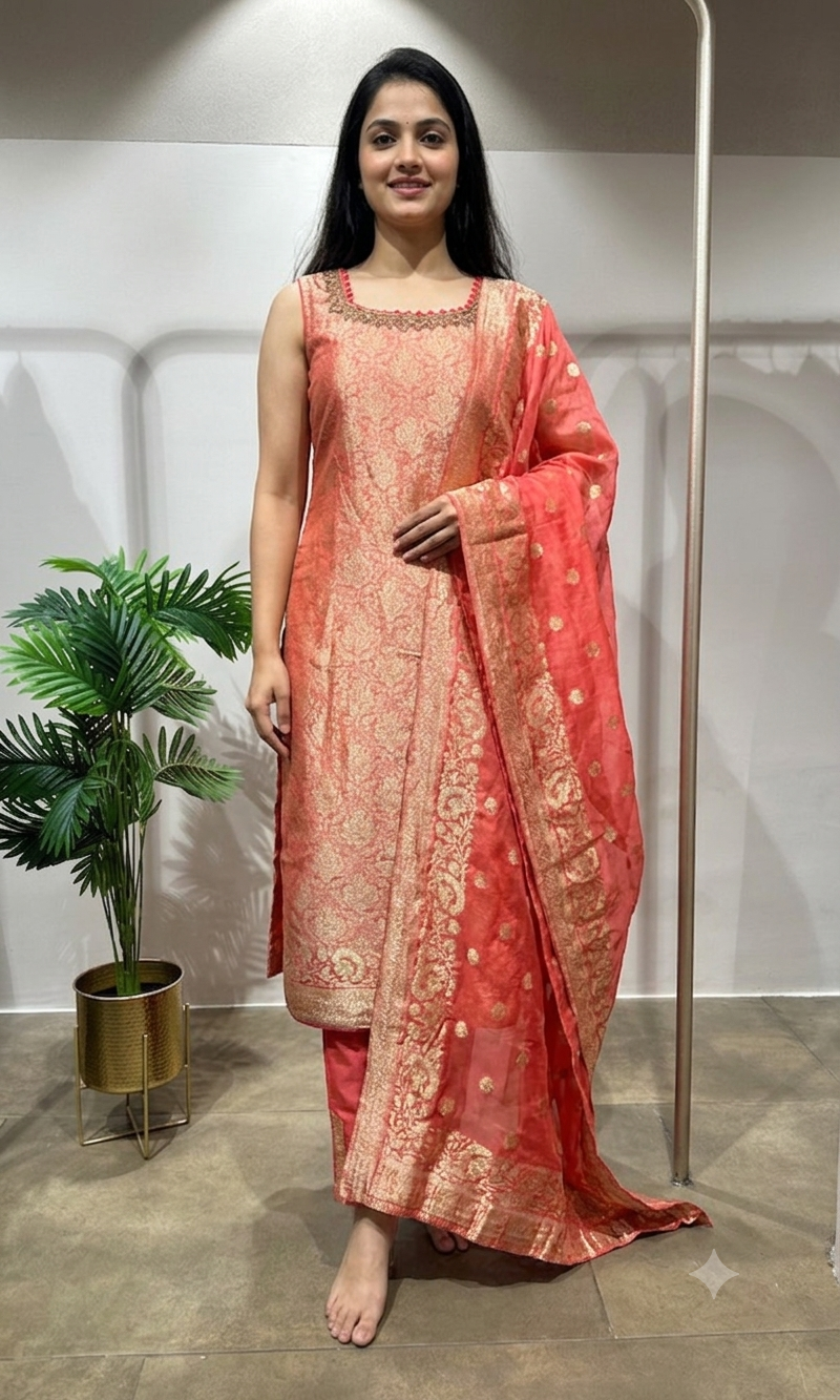 Peach Banarasi embroidered kurta set