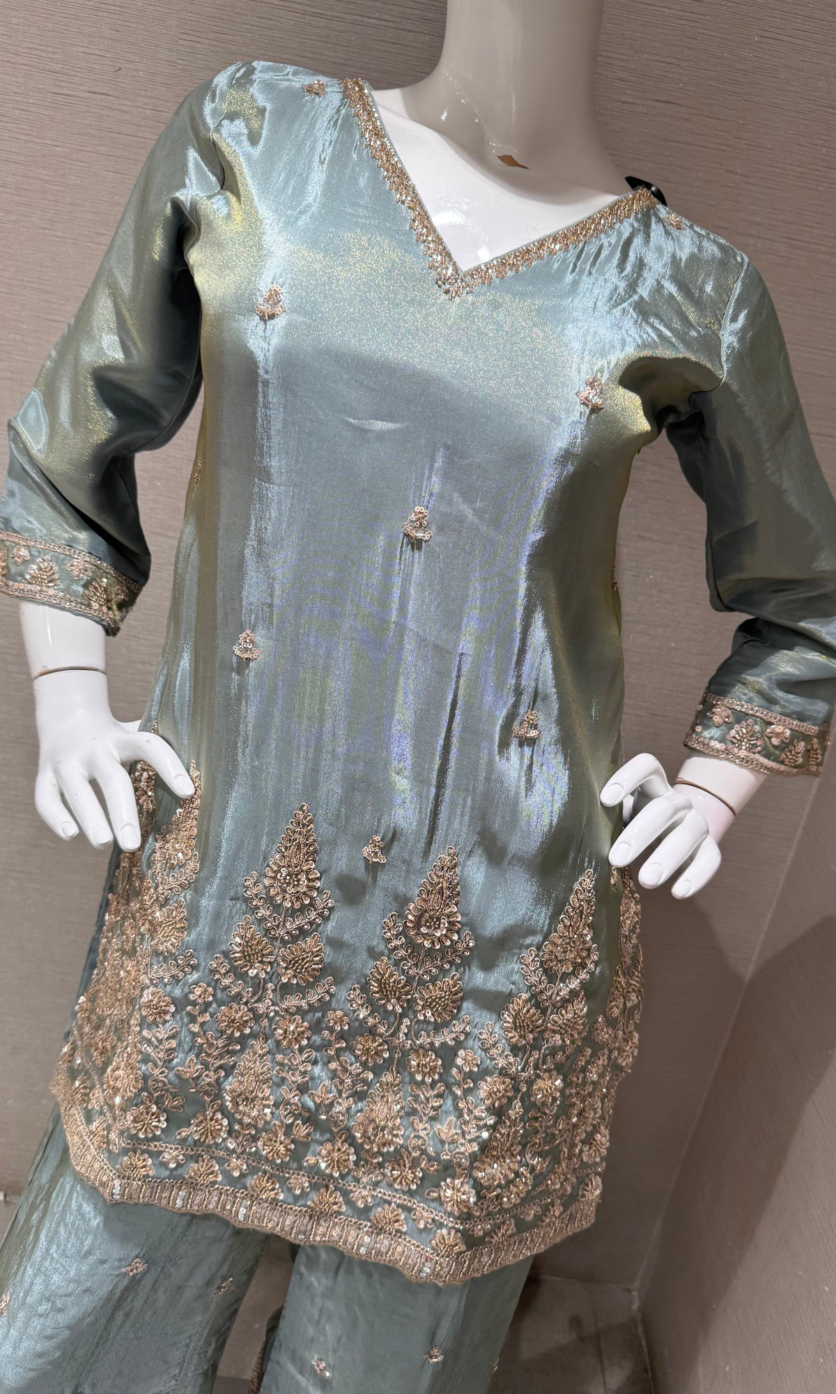 BLUE SILK BLEND GOLDEN EMBROIDERED SHARARA SET WITH DUPATTA