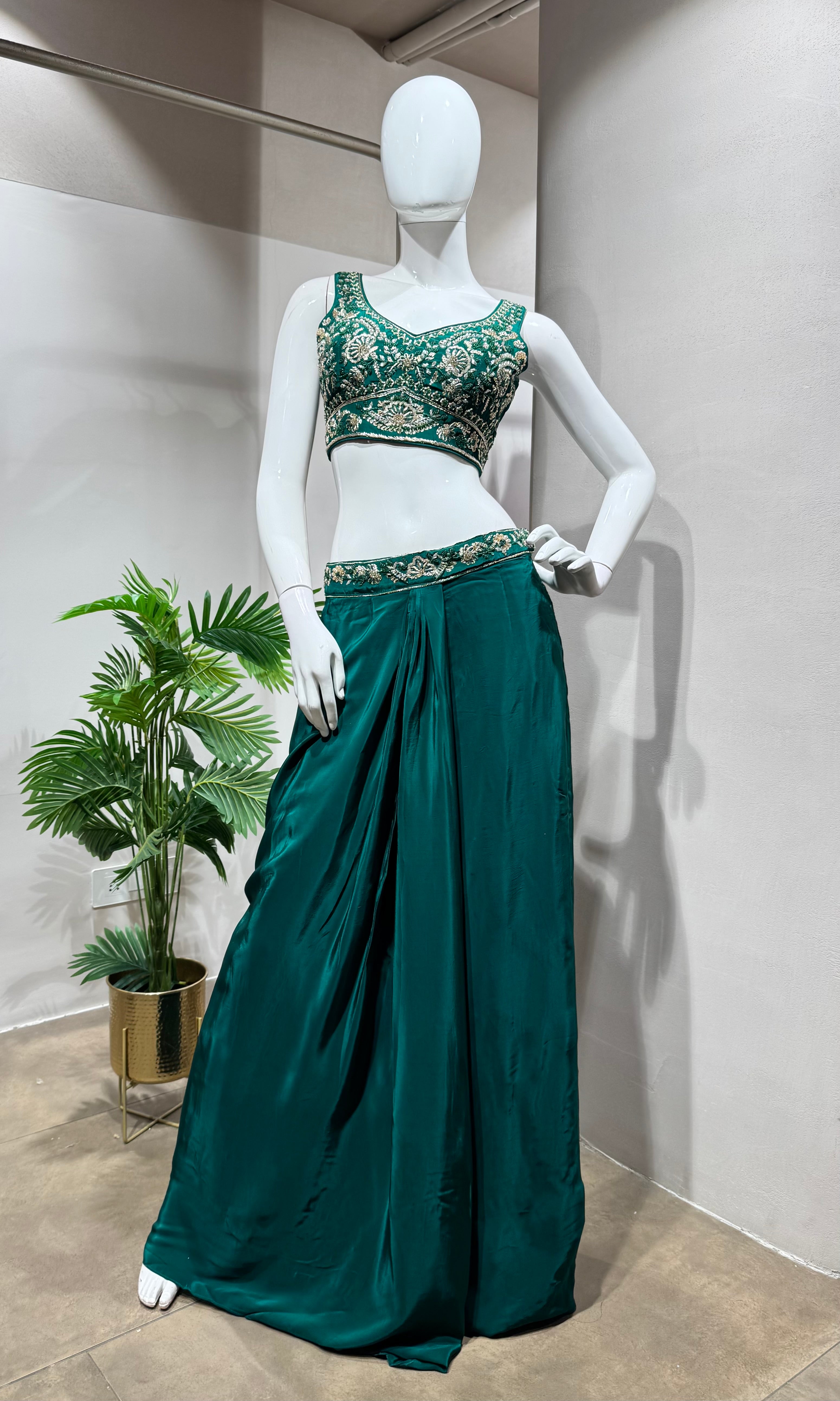 Green Embroidered Blouse Drape Skirt Set