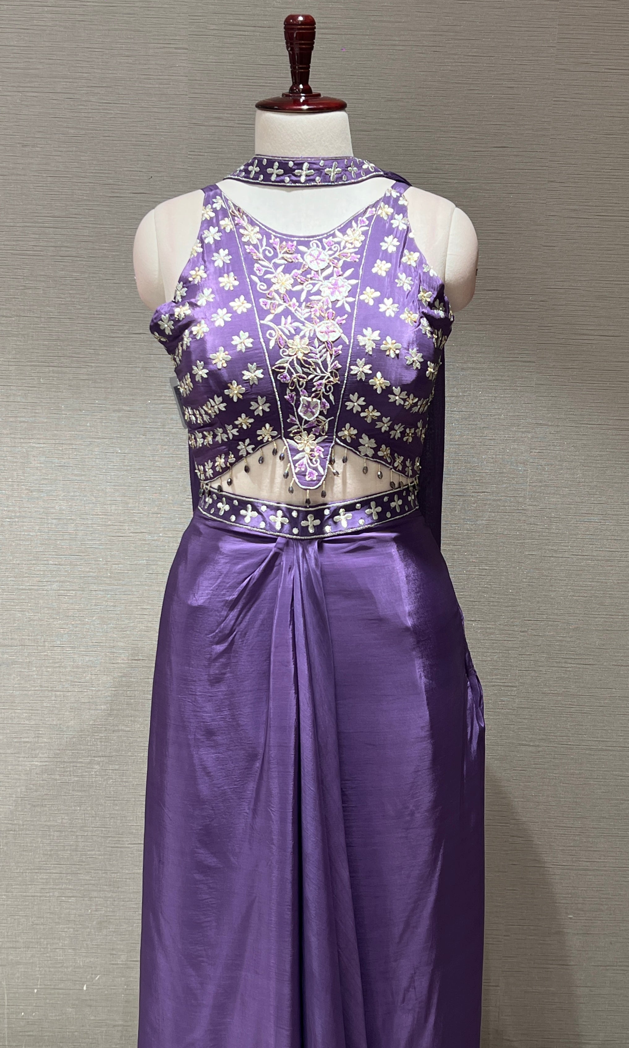 Purple draped halter neck indo western wear