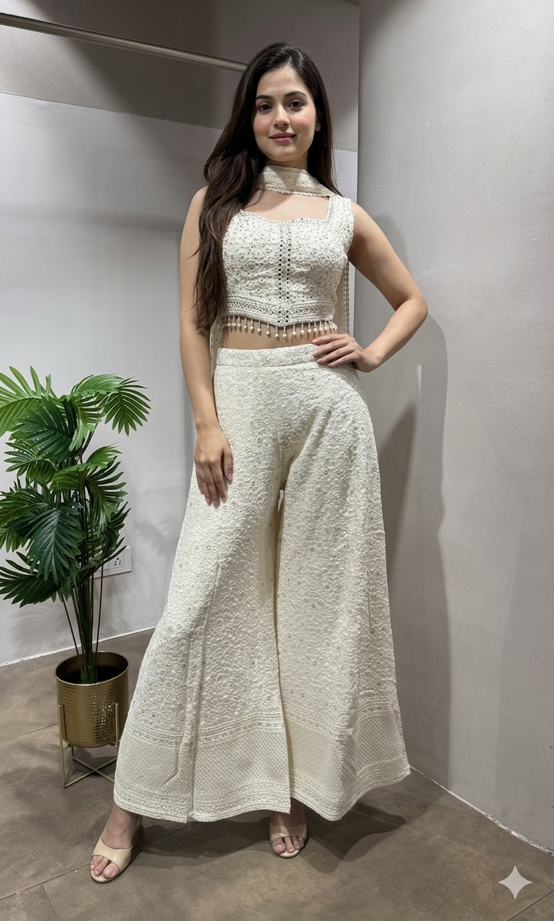 White EMBELLISHED Crop Top WITH Palazzo Set
