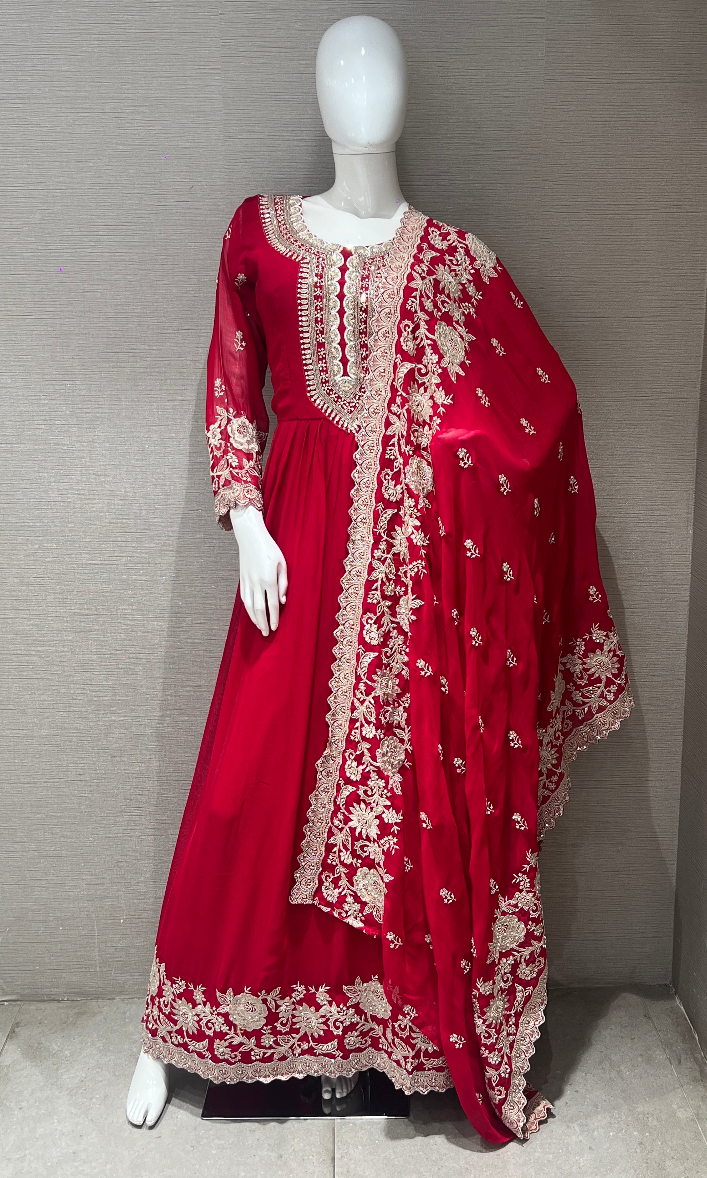 Red long dress with embroidered dupatta