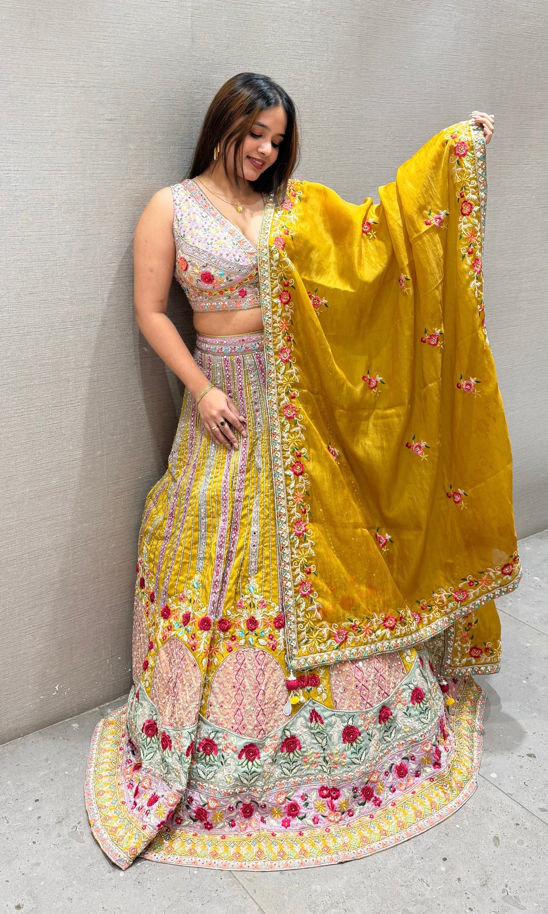 Musturd yellow with multi embroidered lehenga