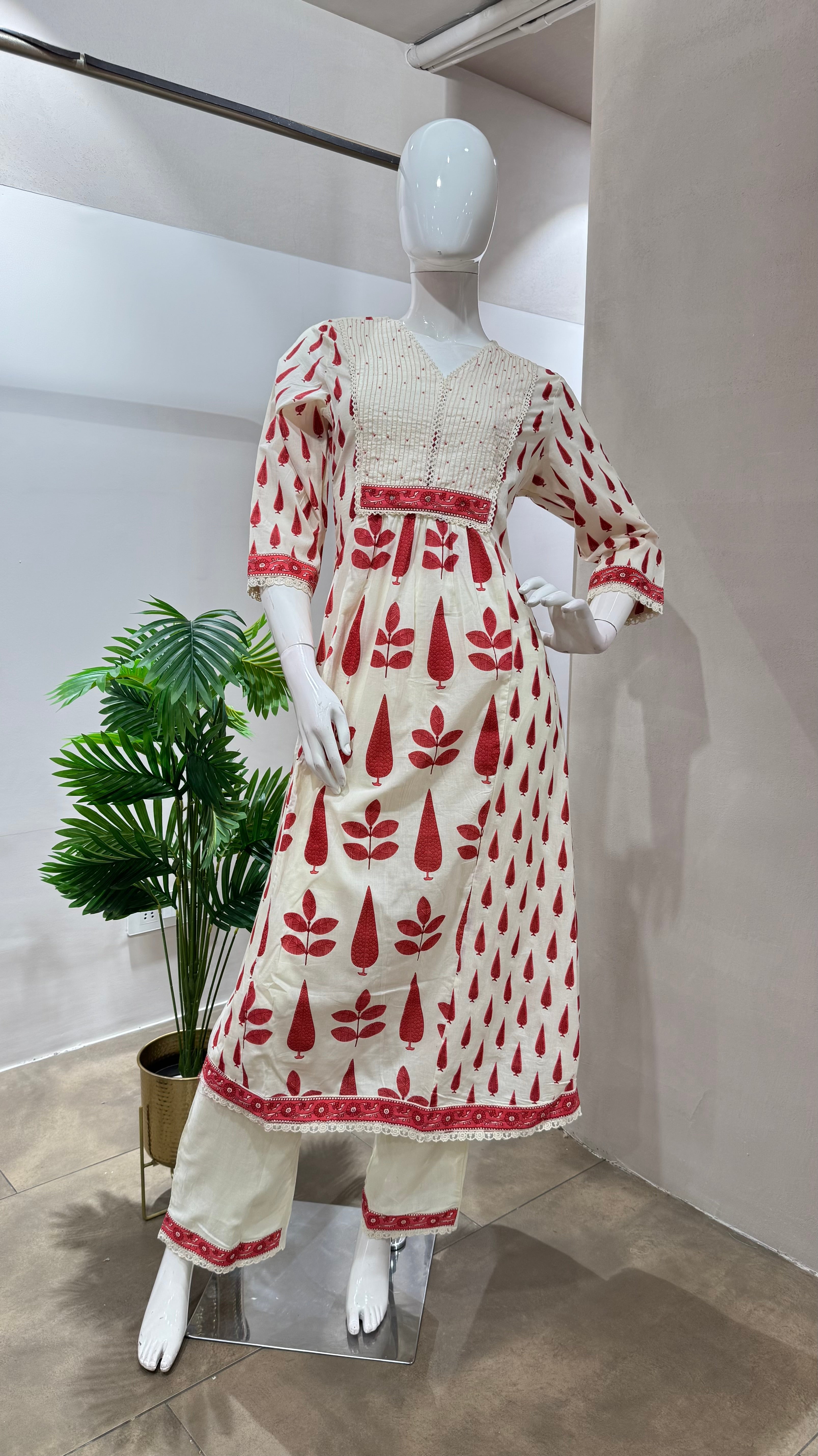 RED AND CREAM ETHNIC PRINTED ANARKALI SET