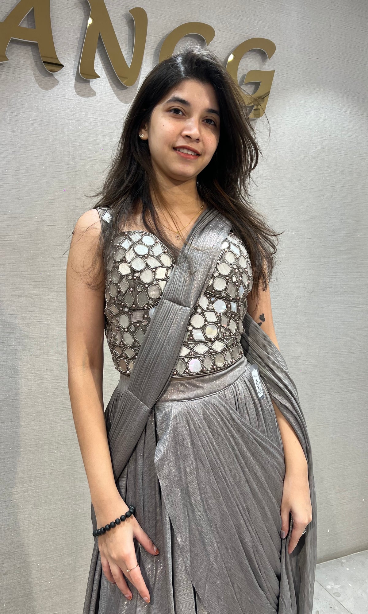 Metallic Grey Embellished Saree with corset blouse