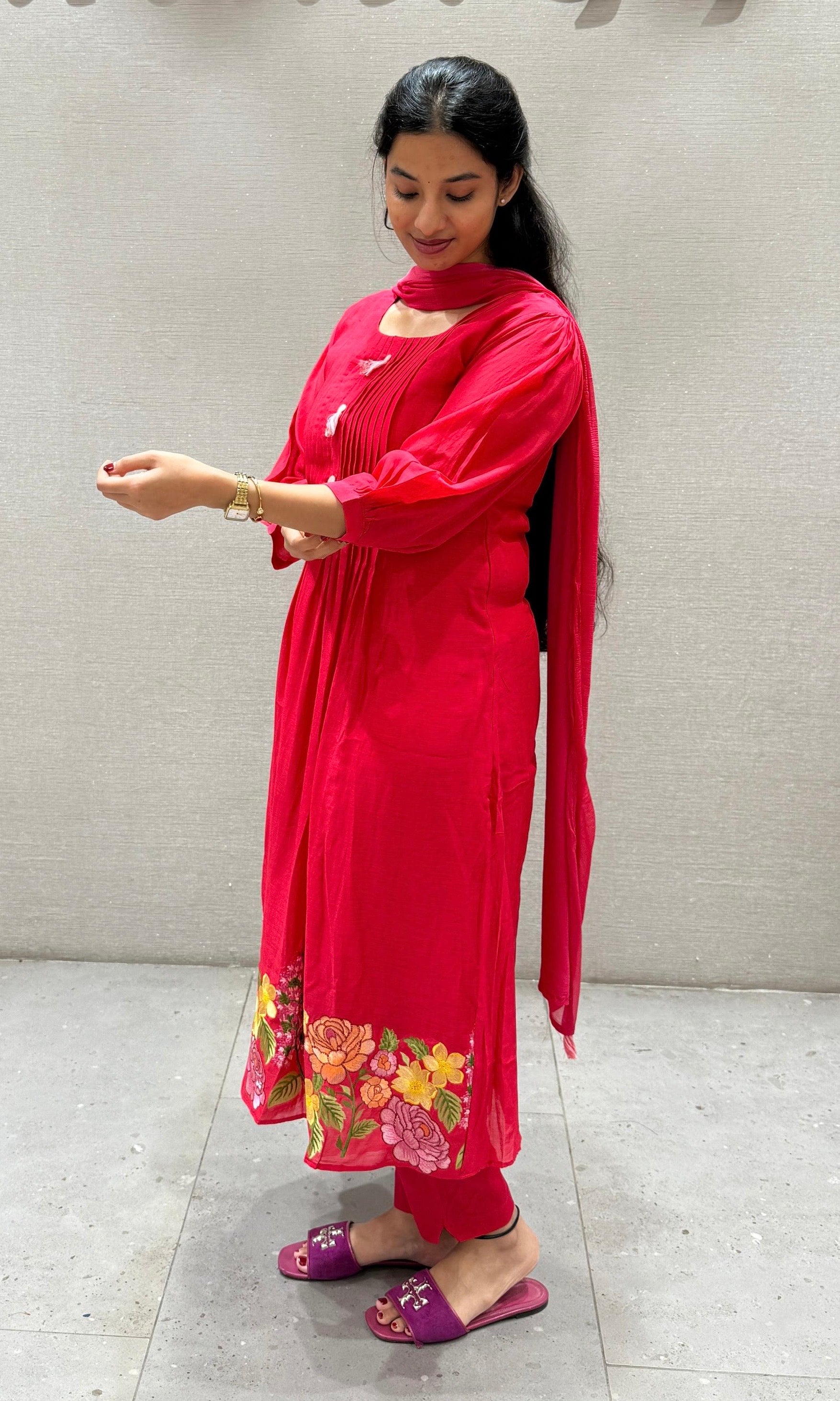 Rani pink Mul Chanderi kurta set