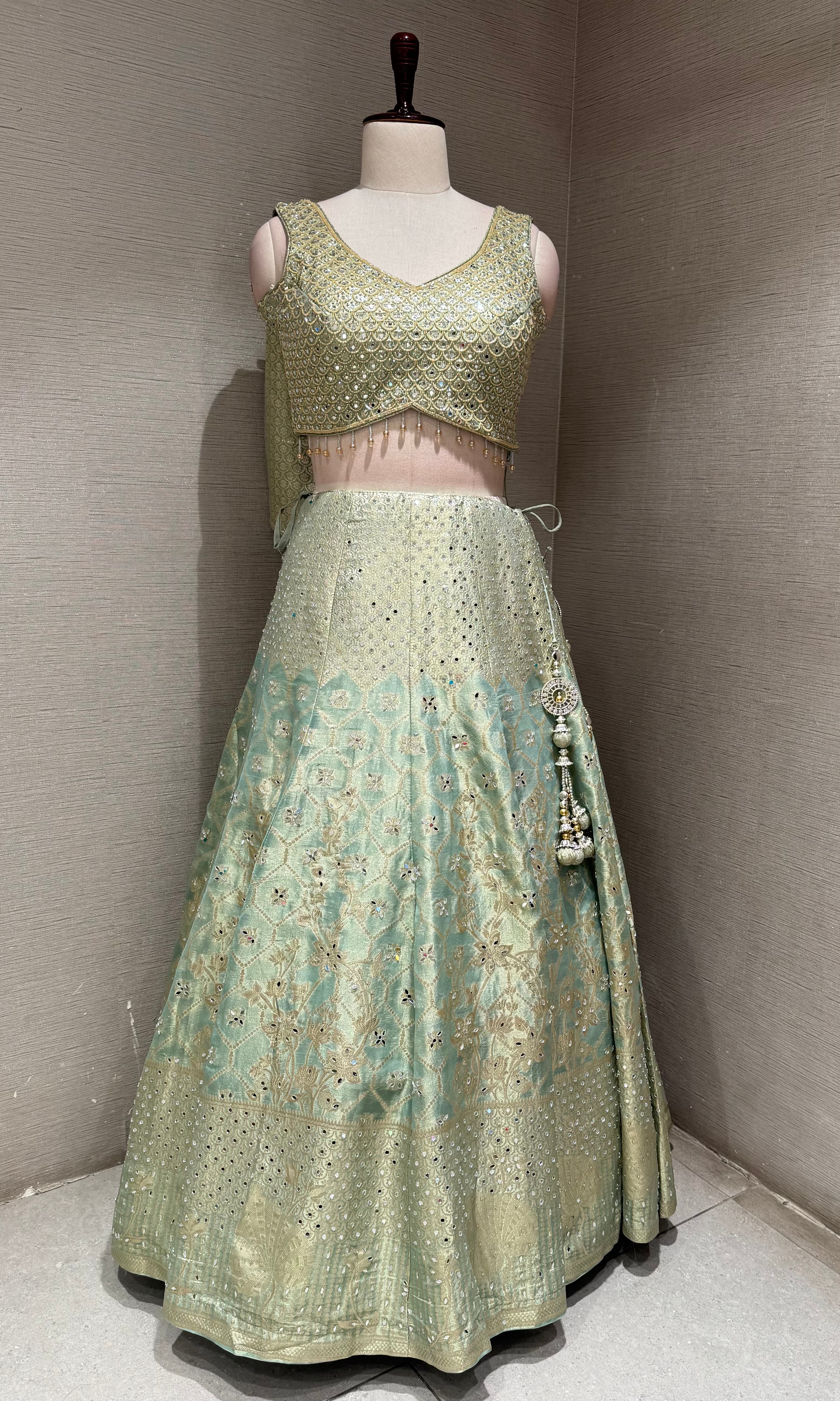 pista green Embroidered Lehenga Choli Set with Dupatta