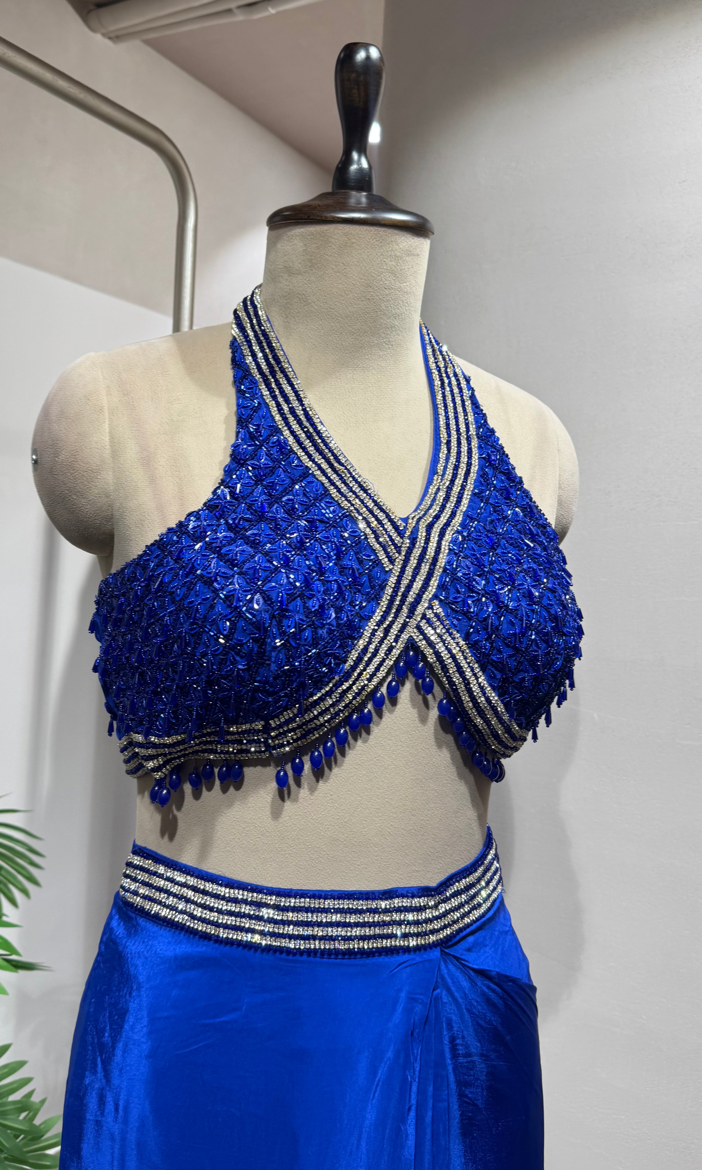 Blue Draped Saree with Sequin Embroidered Blouse