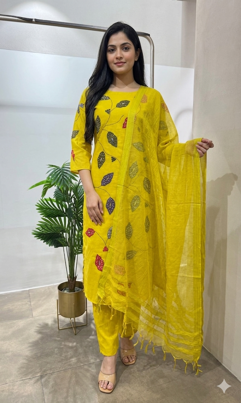 YELLOW LEAF EMBROIDERED KURTA SET