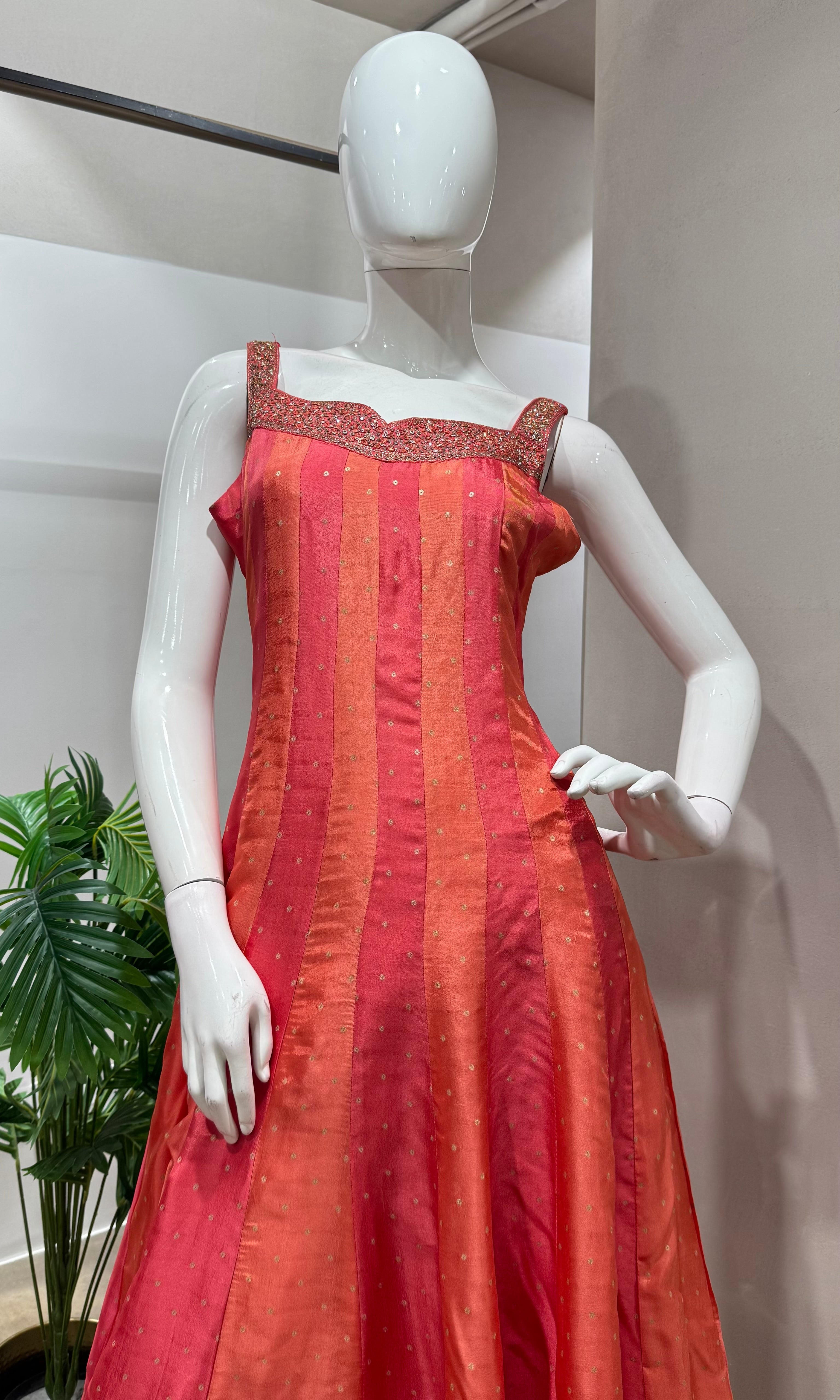 Peach ethnic striped anarkali set