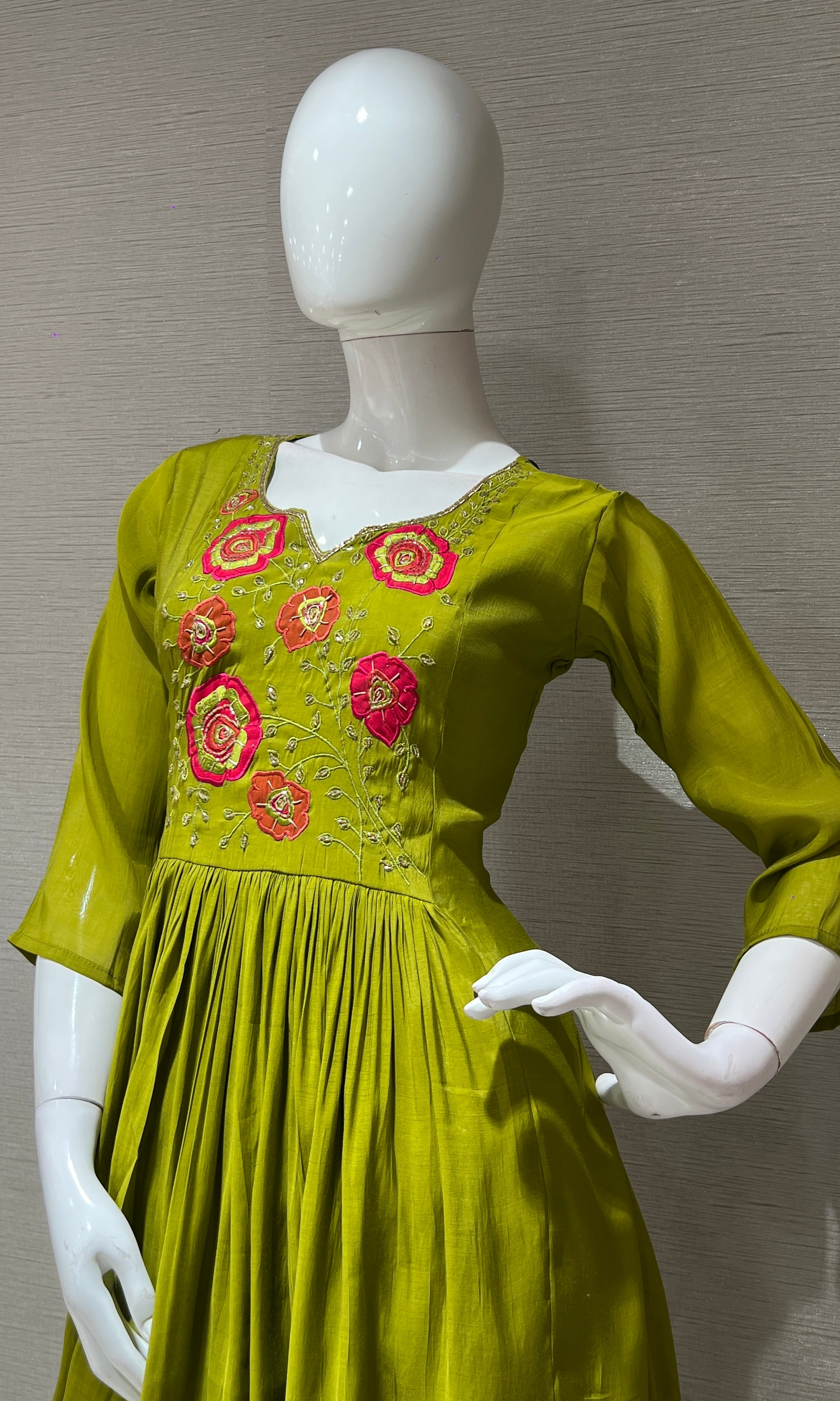 Green Floral Mul Chanderi kurta set