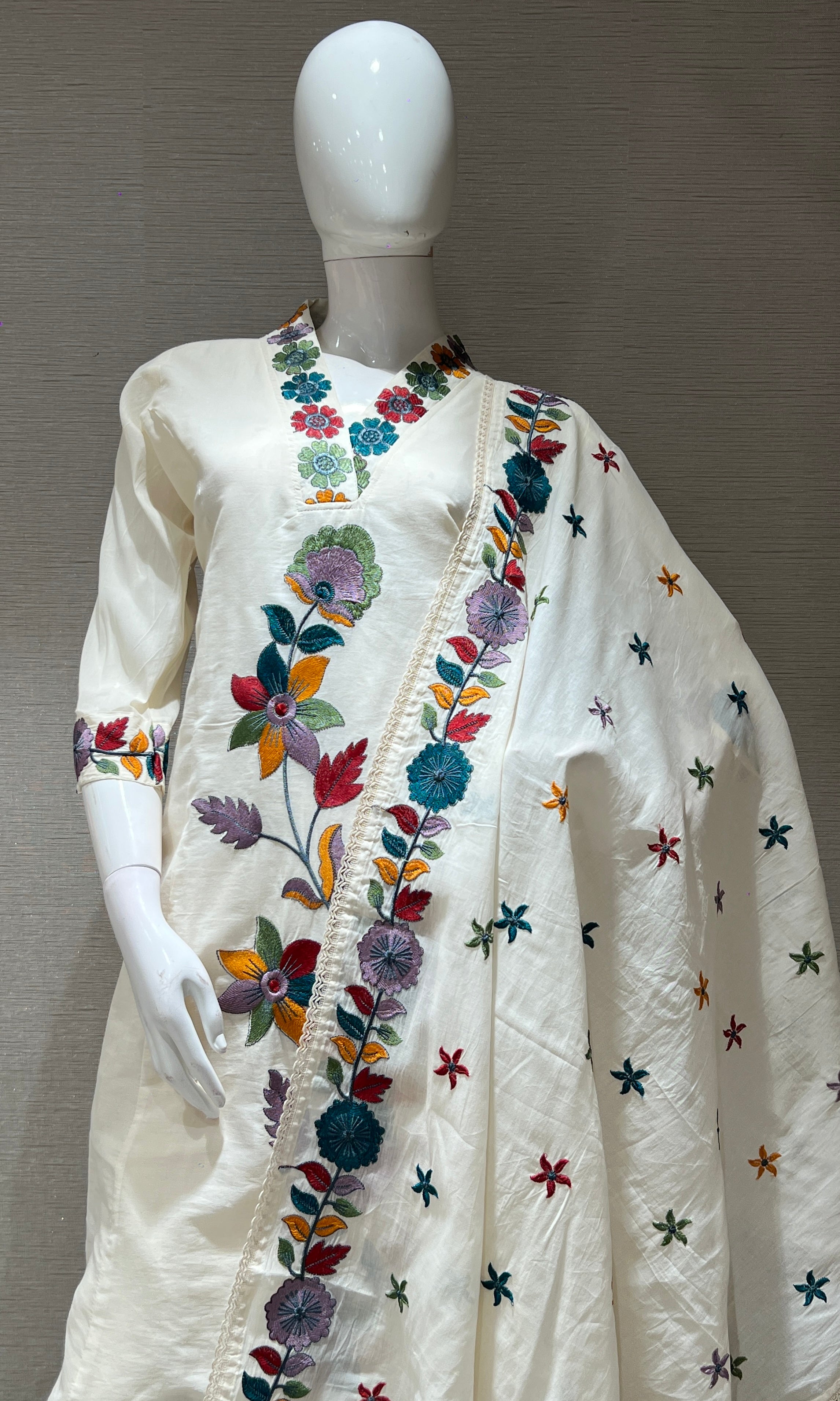 Cream floral patch work kurta set