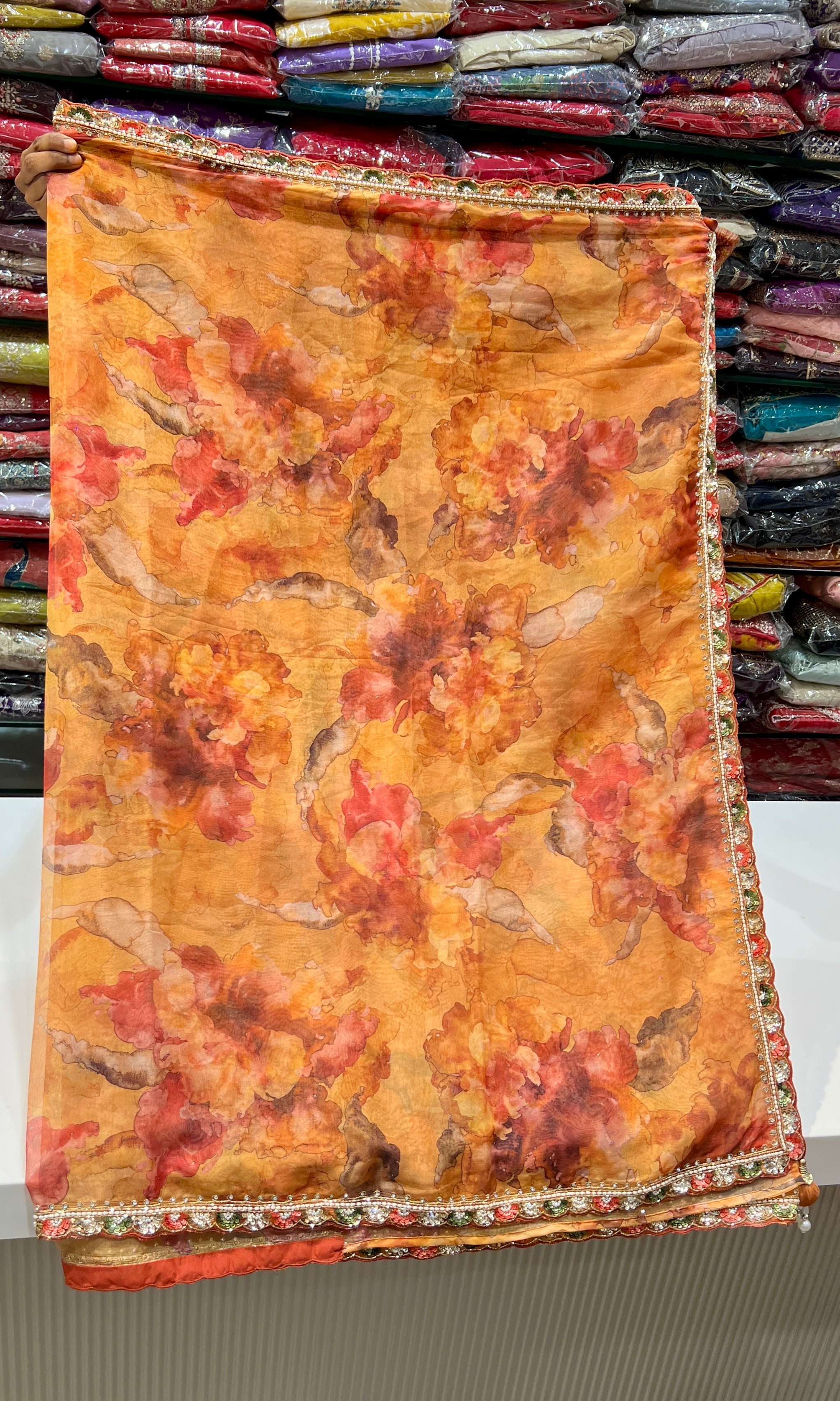 Rust floral saree with ready blouse