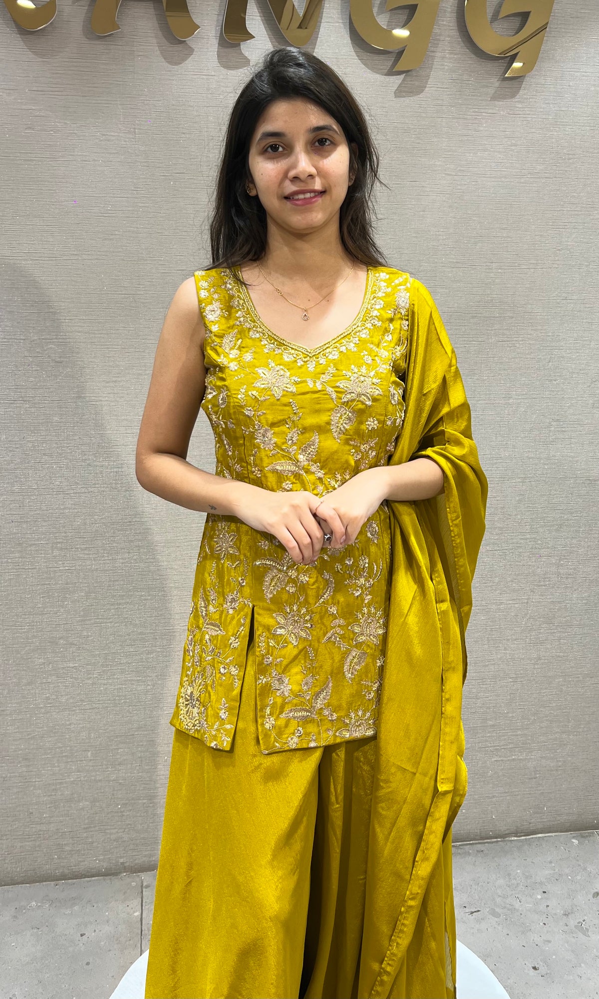 Mustard Yellow Silk Flared Palazzo set with Dupatta