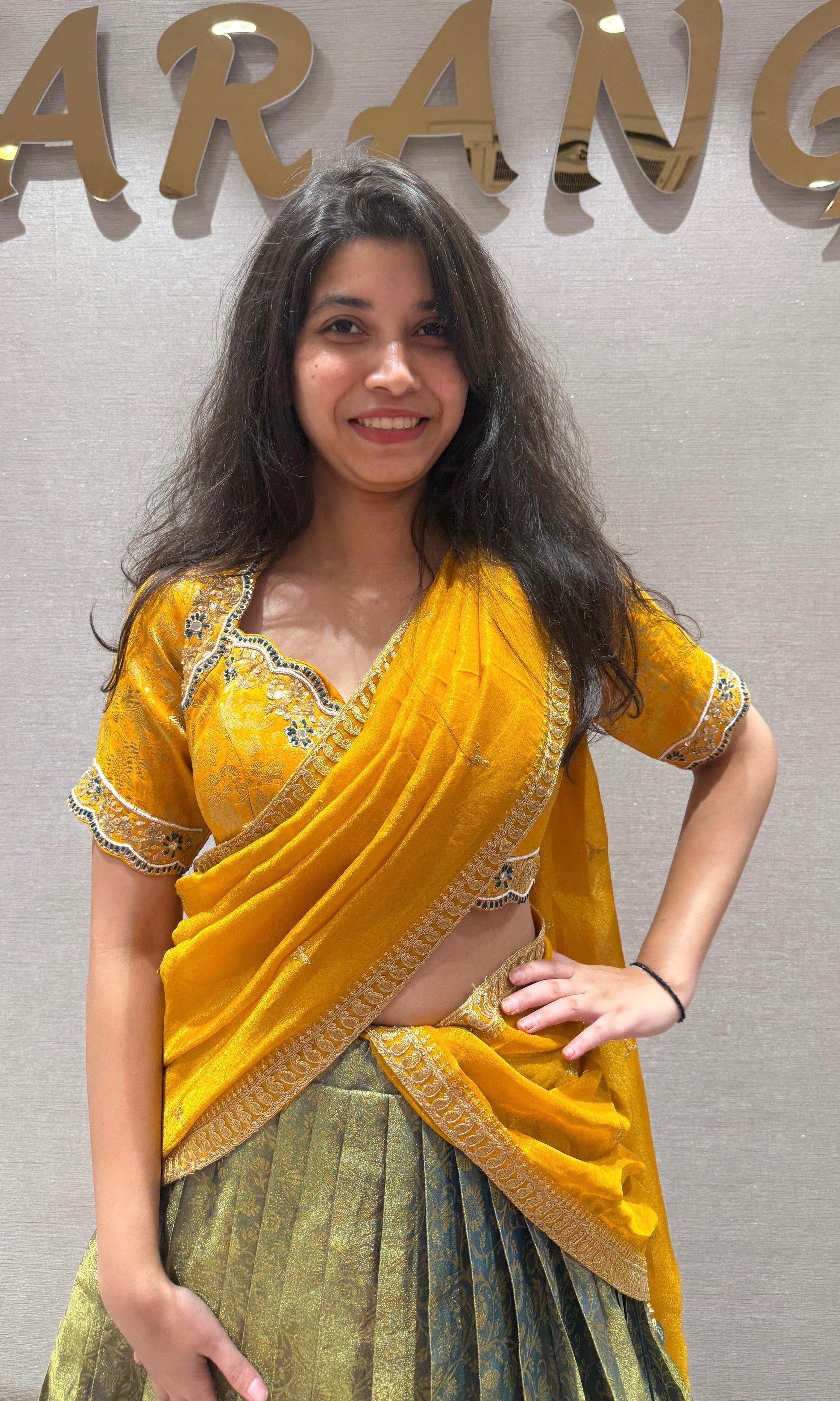 Green yellow silk pattu Lehenga