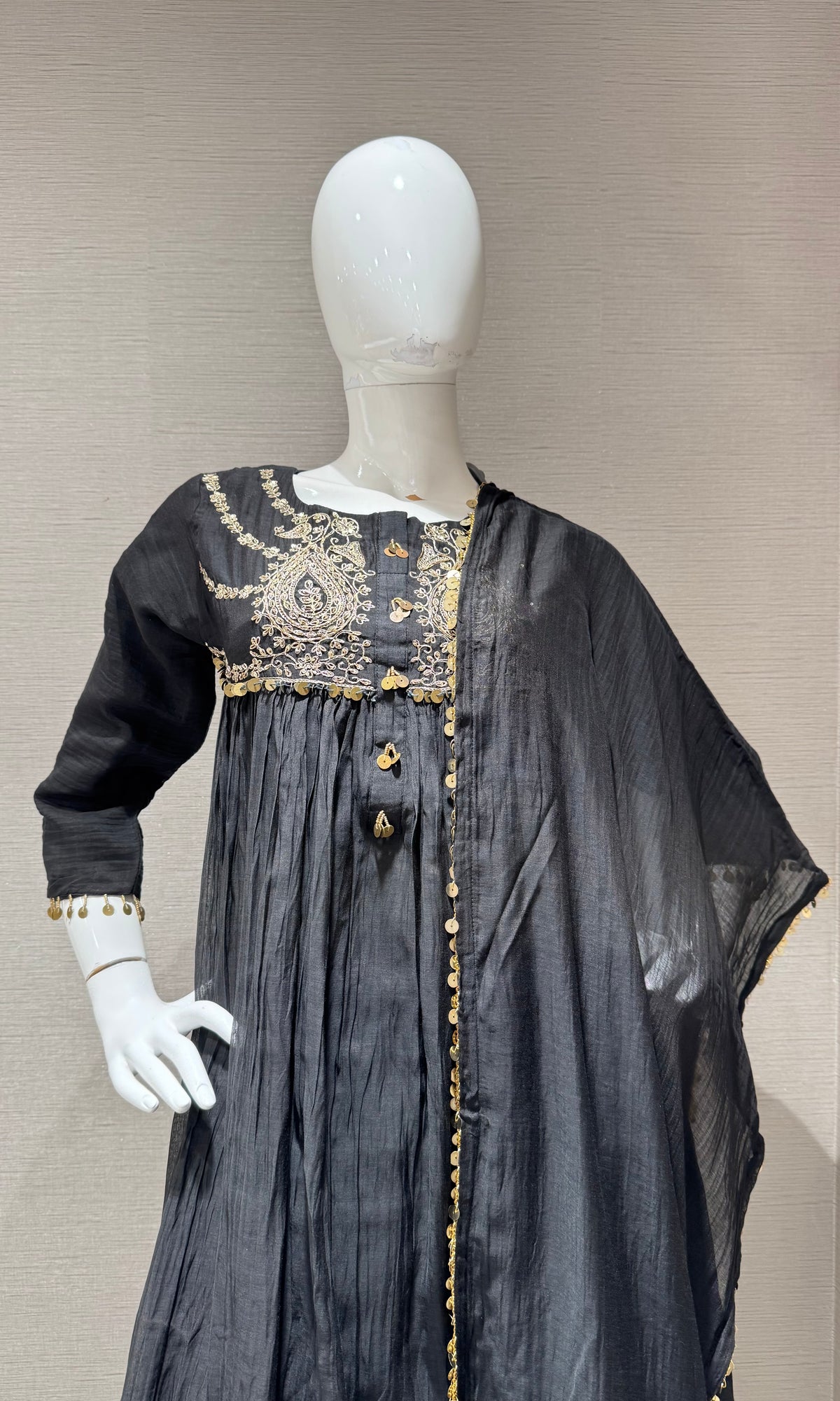 BLACK COTTON ETHNIC A LINE KURTA SET WITH DUPATTA