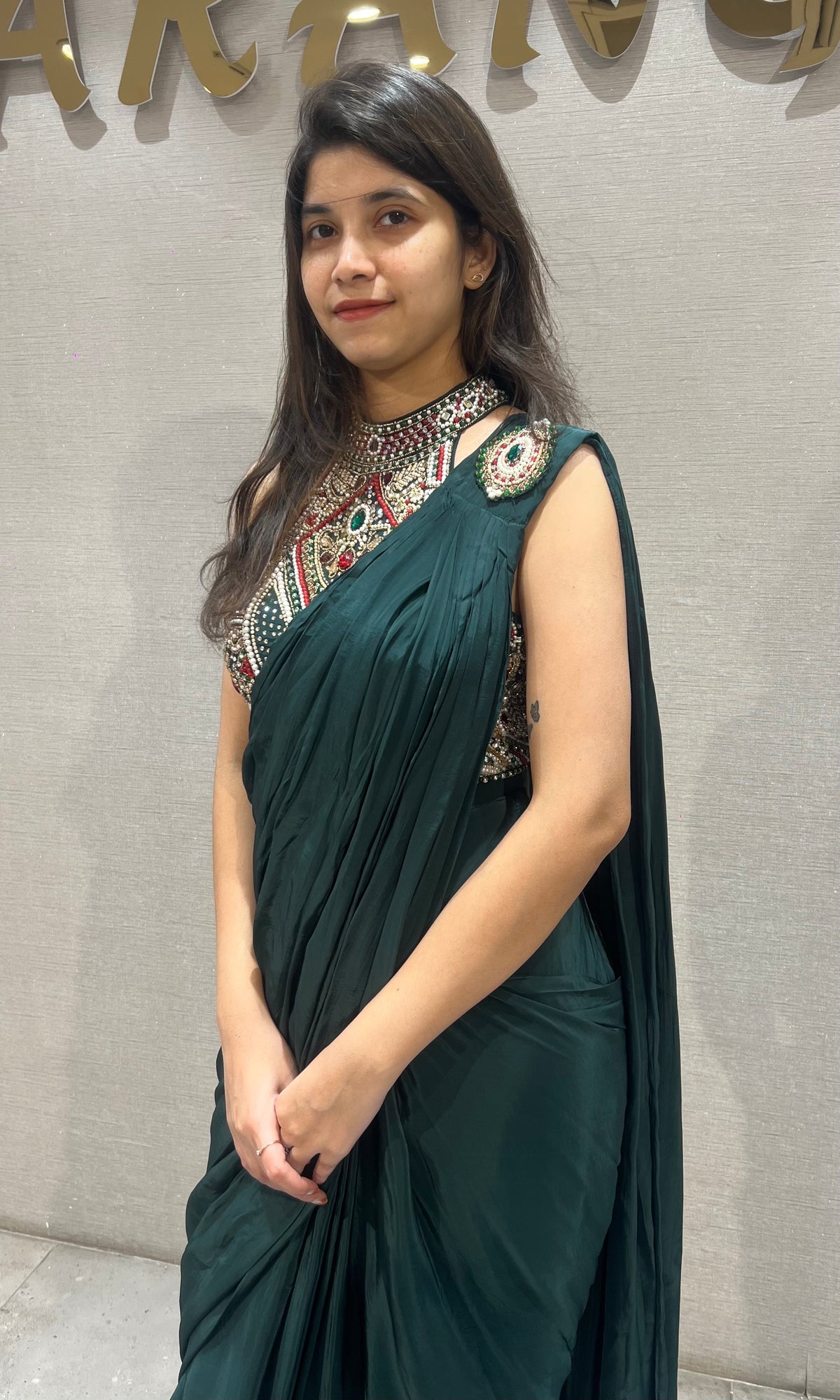 Bottel Green Georgette Saree and Embroidered Blouse