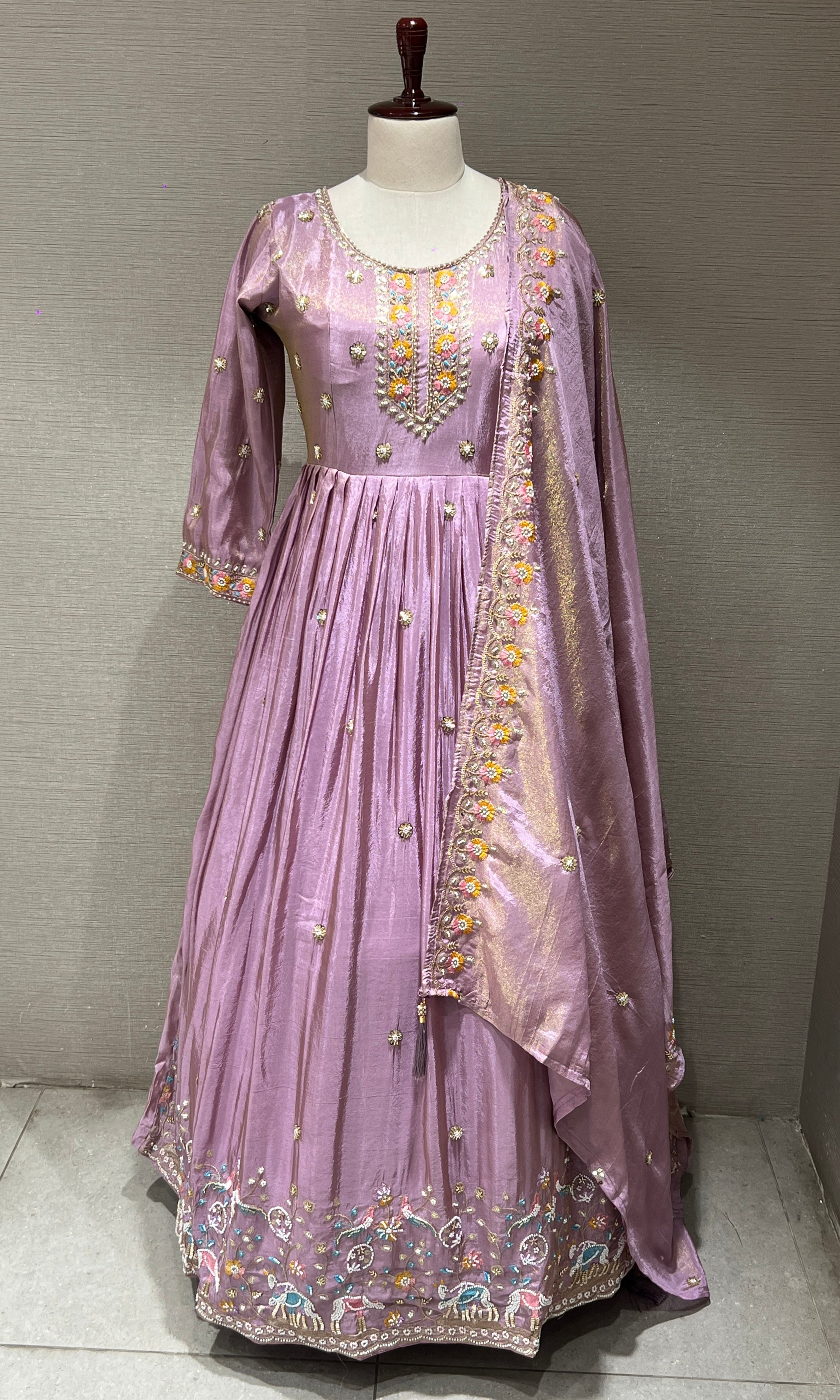 Lilac Anarkali Gown with Floral Embroidery and Dupatta