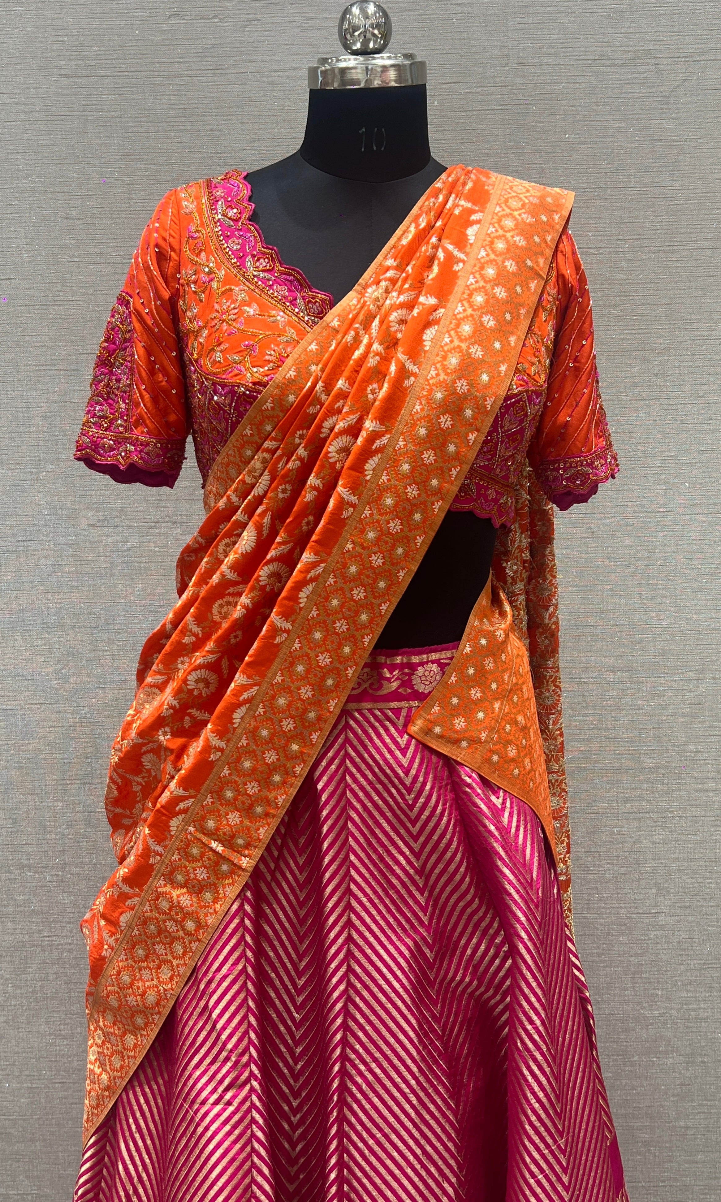 Pink and orange Banarasi Lehenga