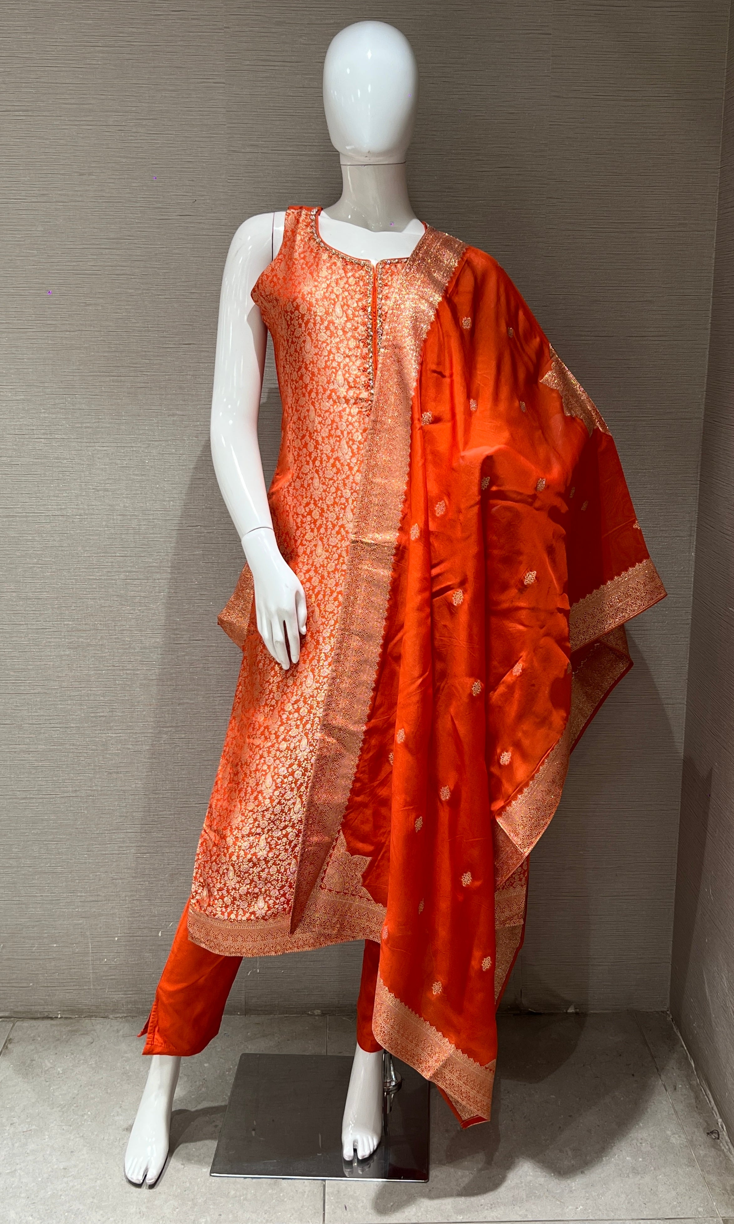 Orange and gold banarasi kurta set